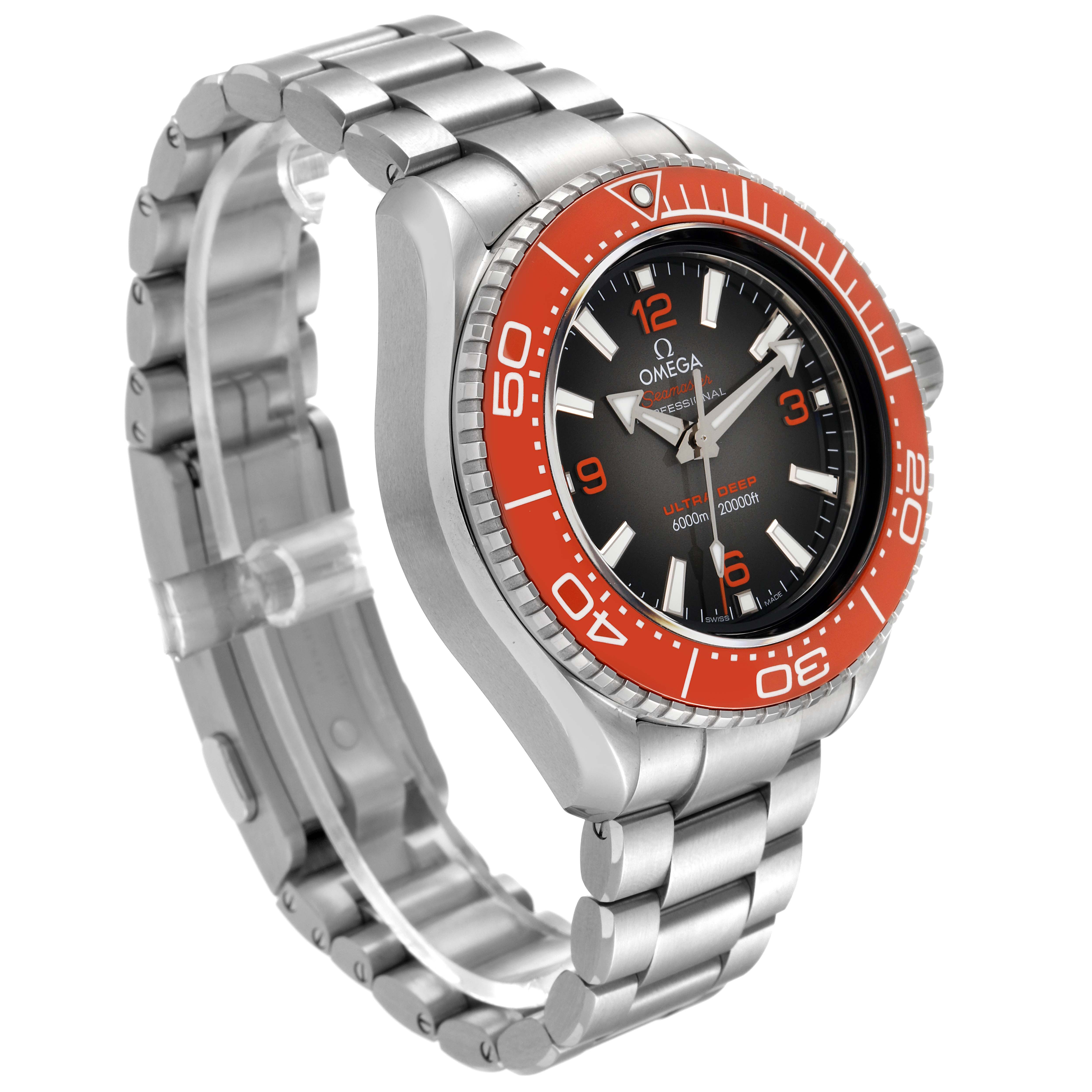 The image shows an Omega Planet Ocean 215.30.46.21.06.001 Men's Stainless Steel Grey Dial 215.30.46.21.06.001 Men's Stainless Steel Grey Dial watch angled to display the face, bezel, and steel bracelet clearly.