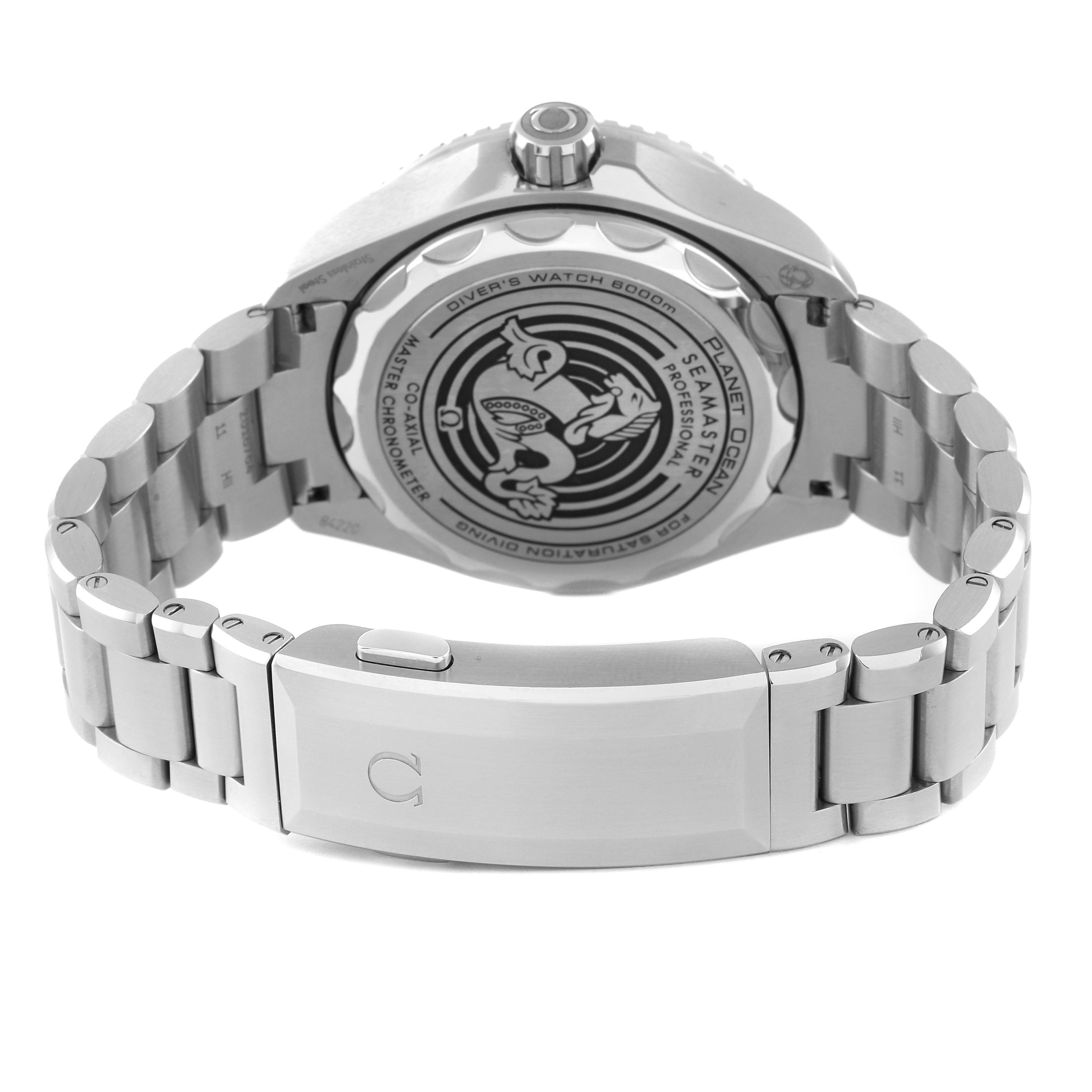 The image shows the back of the Omega Planet Ocean 215.30.46.21.06.001 Men's Stainless Steel Grey Dial 215.30.46.21.06.001 Men's Stainless Steel Grey Dial watch, highlighting its case back and stainless steel bracelet.