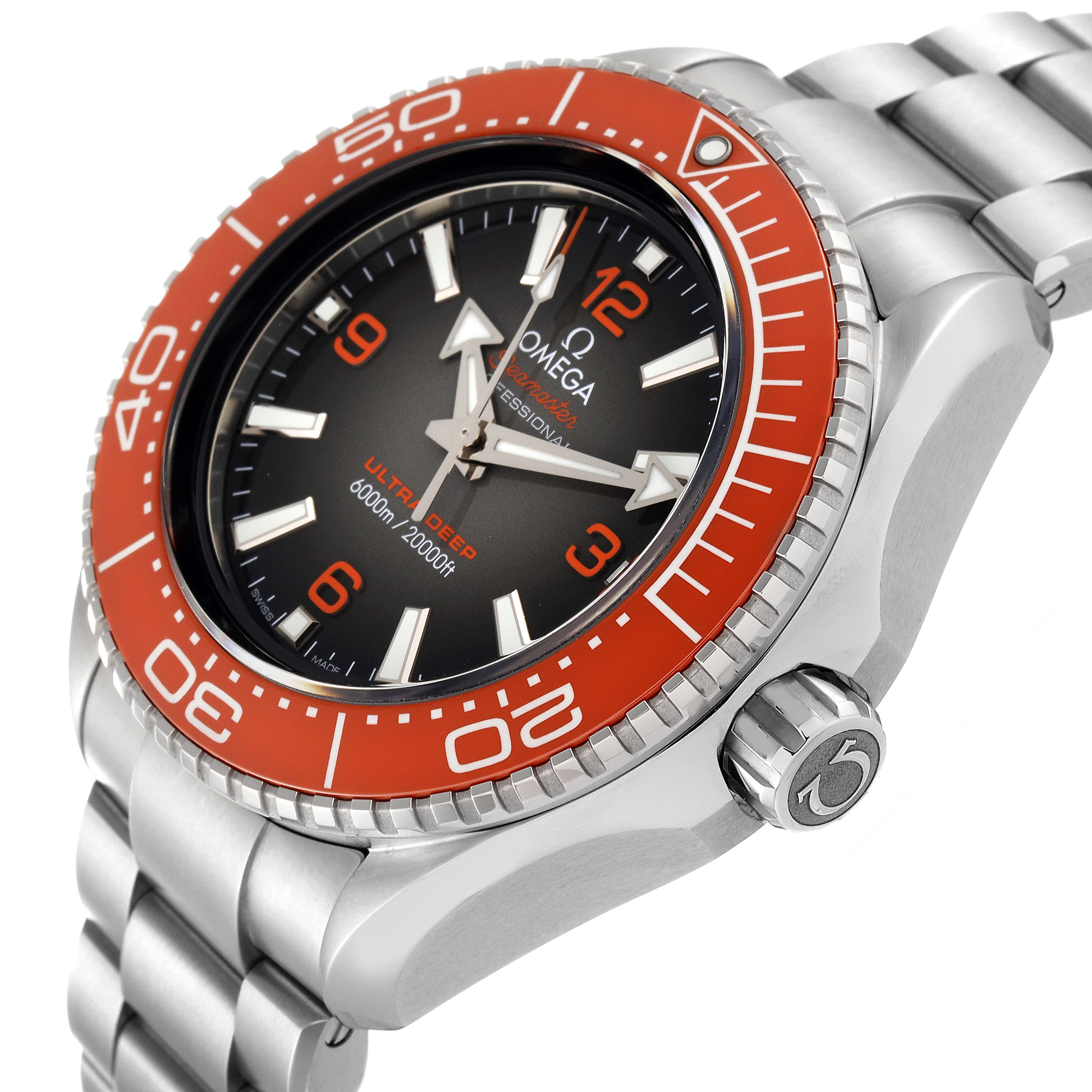 The image shows an angled view of the Omega Planet Ocean 215.30.46.21.06.001 Men's Stainless Steel Grey Dial 215.30.46.21.06.001 Men's Stainless Steel Grey Dial watch, highlighting its orange bezel, crown, and part of the bracelet.