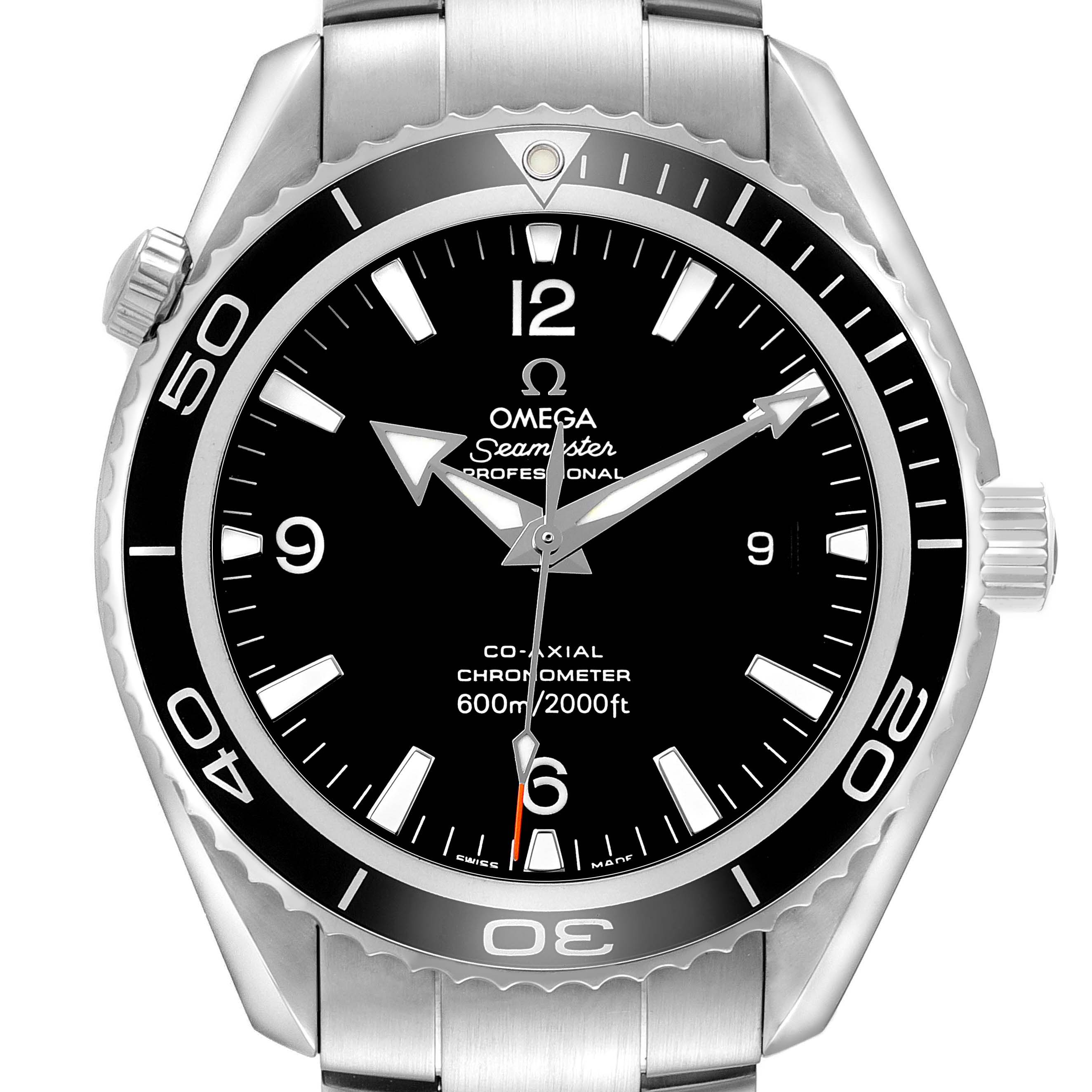 The Omega Planet Ocean 2200.50.00 Men's Stainless Steel Black Dial watch is shown from the front, highlighting the dial, bezel, and crown.