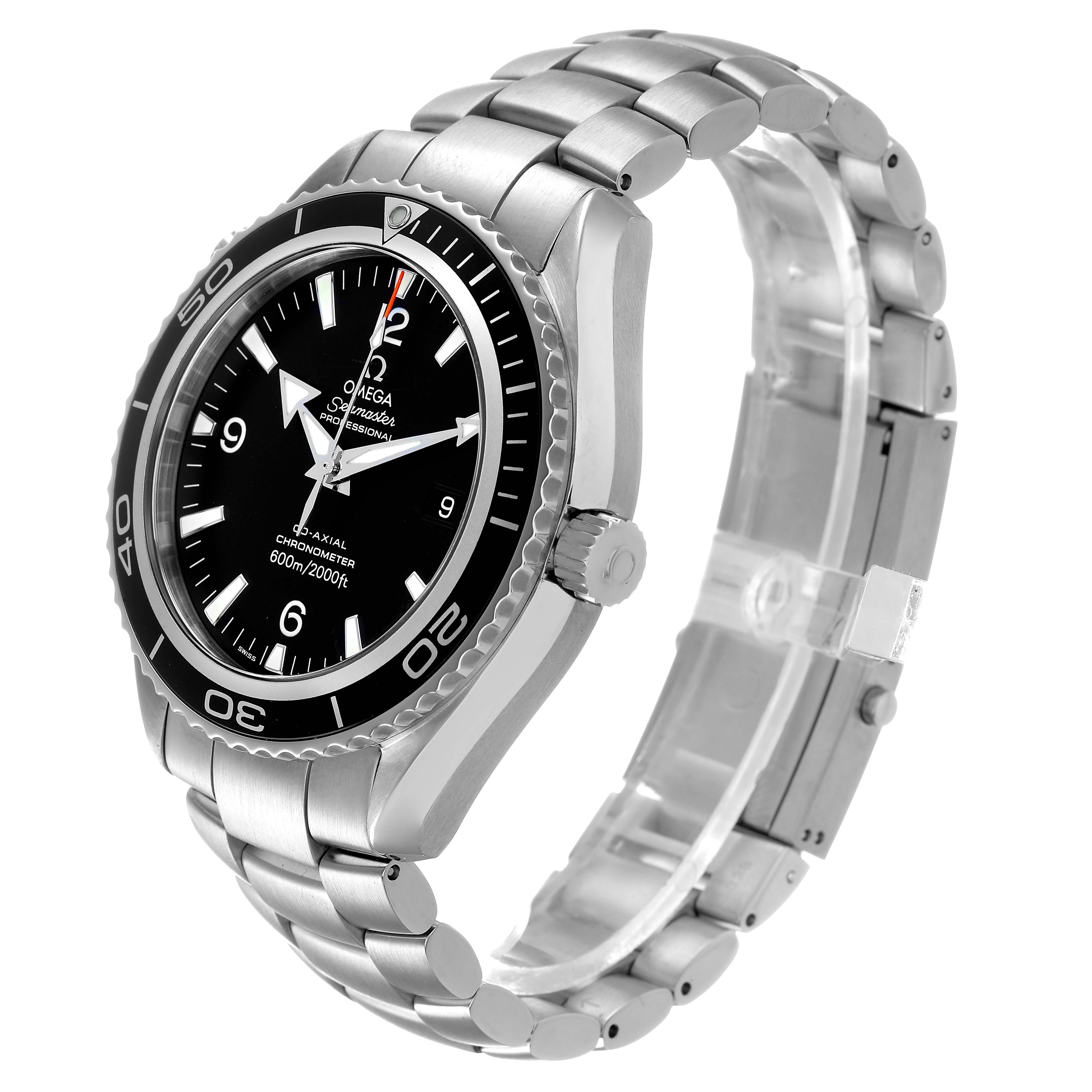The Omega Planet Ocean 2200.50.00 Men's Stainless Steel Black Dial watch is shown at a front-side angle, displaying the face, bezel, crown, and bracelet.