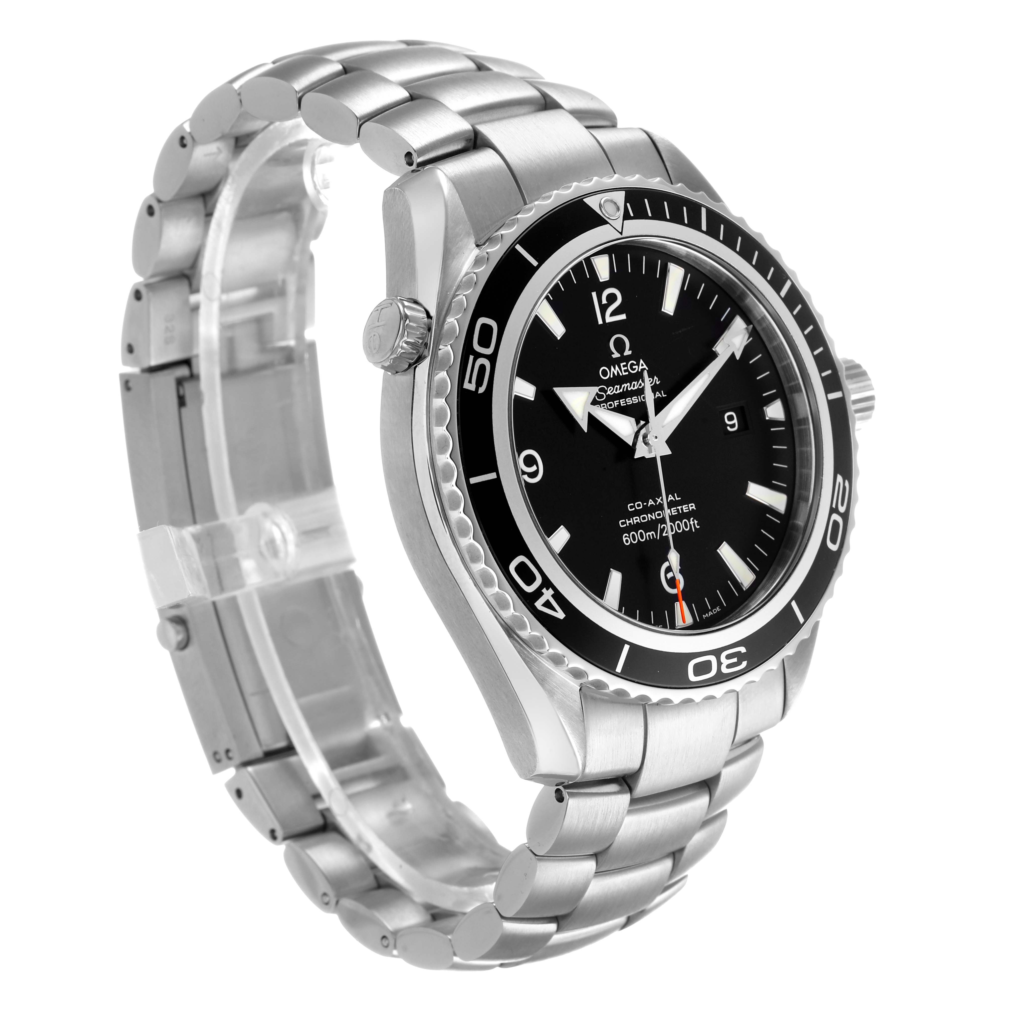 The Omega Planet Ocean 2200.50.00 Men's Stainless Steel Black Dial watch is shown at a three-quarter angle, displaying the face, bezel, crown, and stainless steel bracelet.