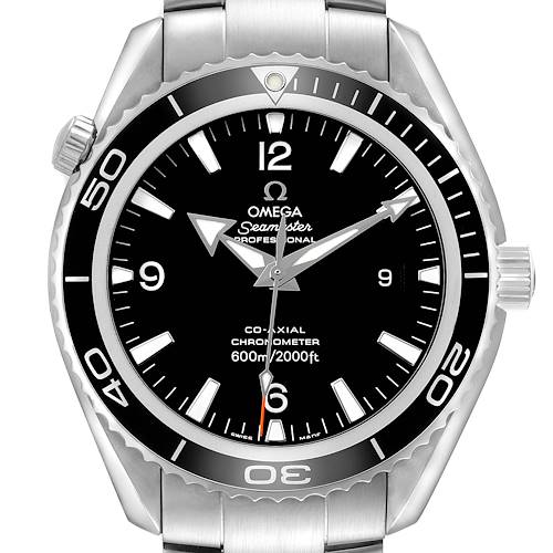 The Omega Planet Ocean 2200.50.00 Men's Stainless Steel Black Dial watch is shown from the front, highlighting its face, bezel, and part of the bracelet.