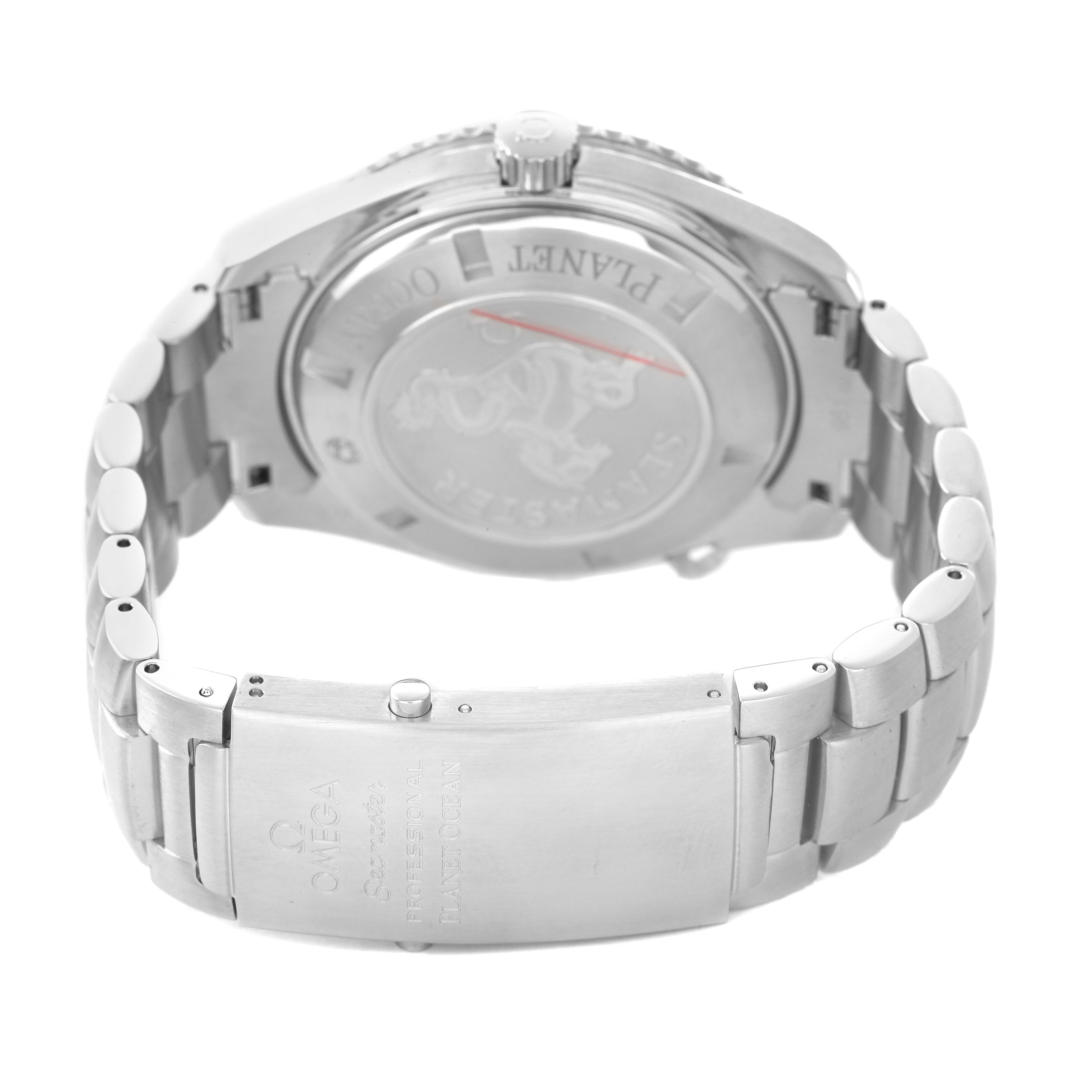 The image shows the back and bracelet of the Omega Planet Ocean 2200.50.00 Men's Stainless Steel Black Dial watch, highlighting the clasp and case back details.