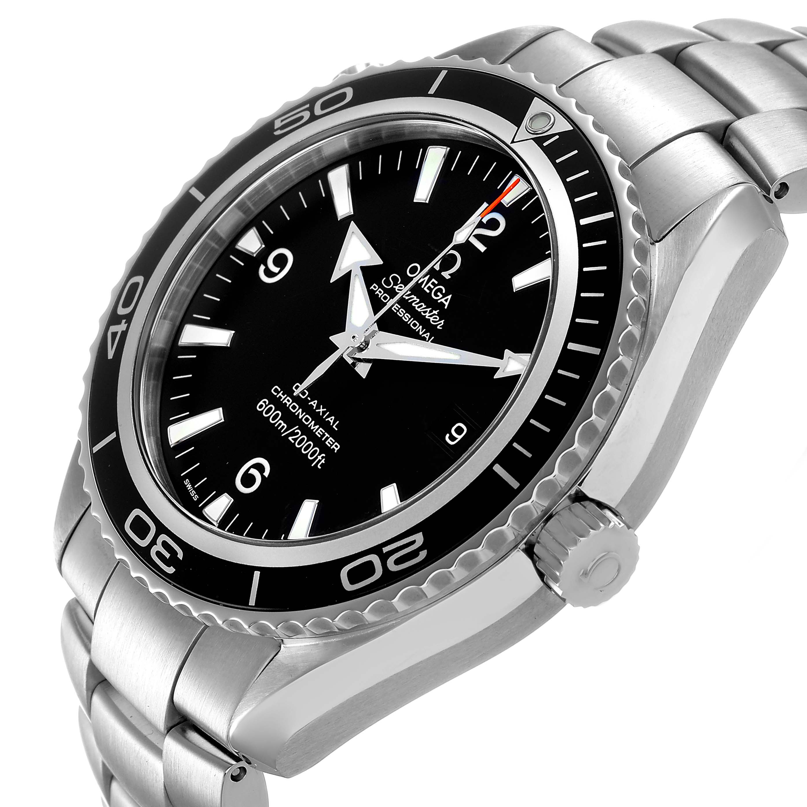 The Omega Planet Ocean 2200.50.00 Men's Stainless Steel Black Dial watch is shown at an angled side view, displaying the dial, bezel, crown, and part of the bracelet.