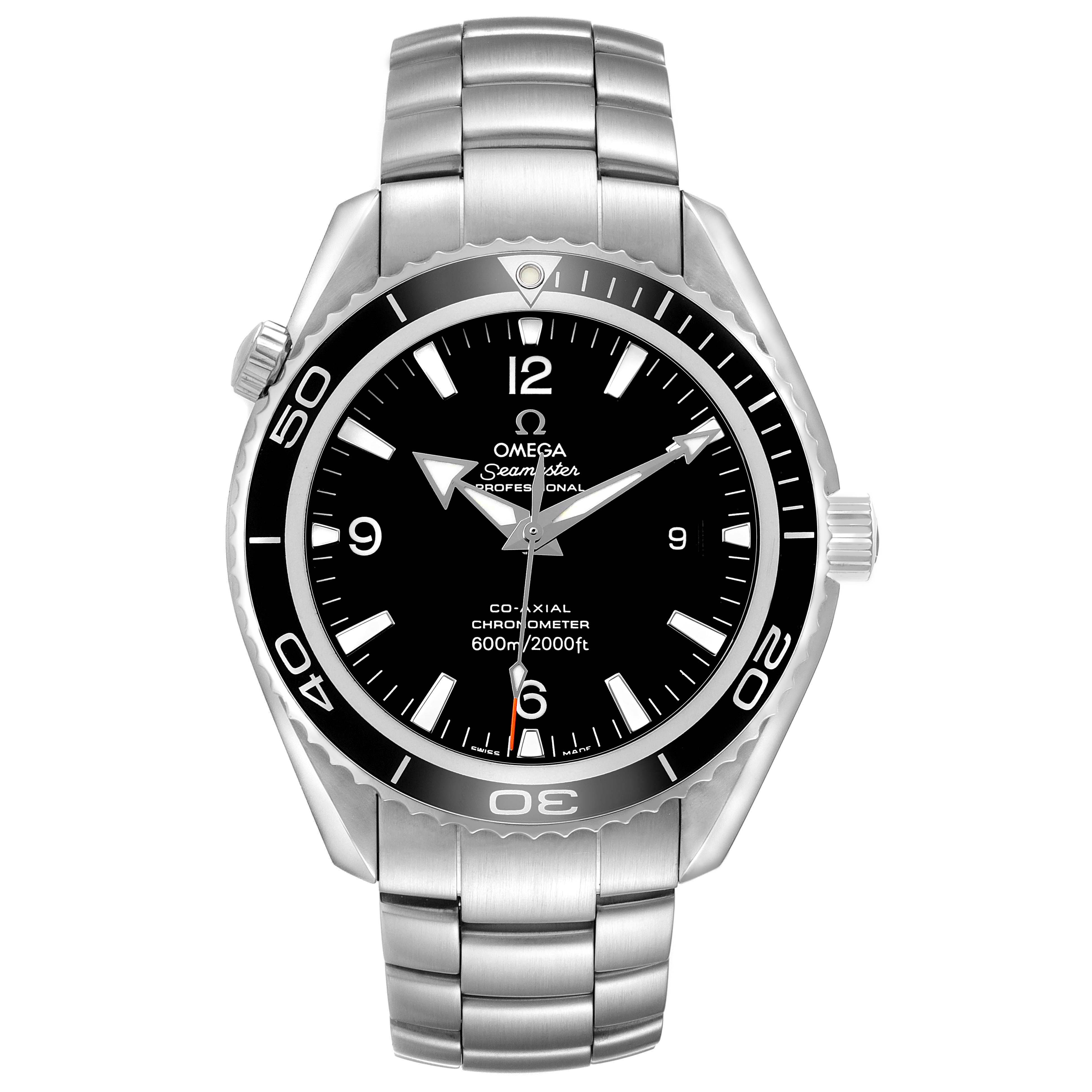 The Omega Planet Ocean 2200.50.00 Men's Stainless Steel Black Dial is shown from a front angle, displaying the face, bezel, hands, and stainless steel bracelet.