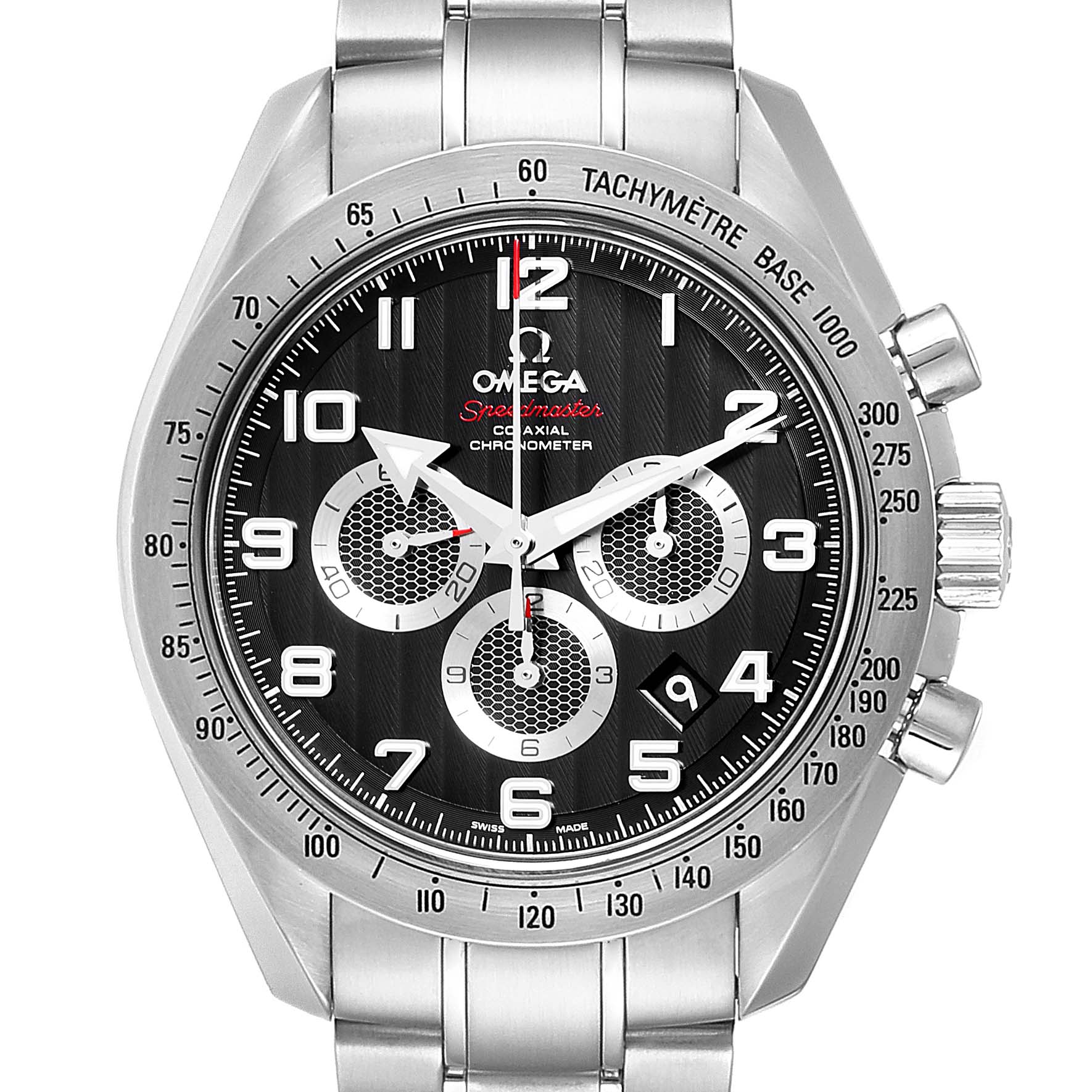 The image shows a frontal view of the Omega Speedmaster 321.10.44.50.01.001 Men's Stainless Steel Black Dial 321.10.44.50.01.001 Men's Stainless Steel Black Dial watch, highlighting its face, bezel, and stainless steel bracelet.