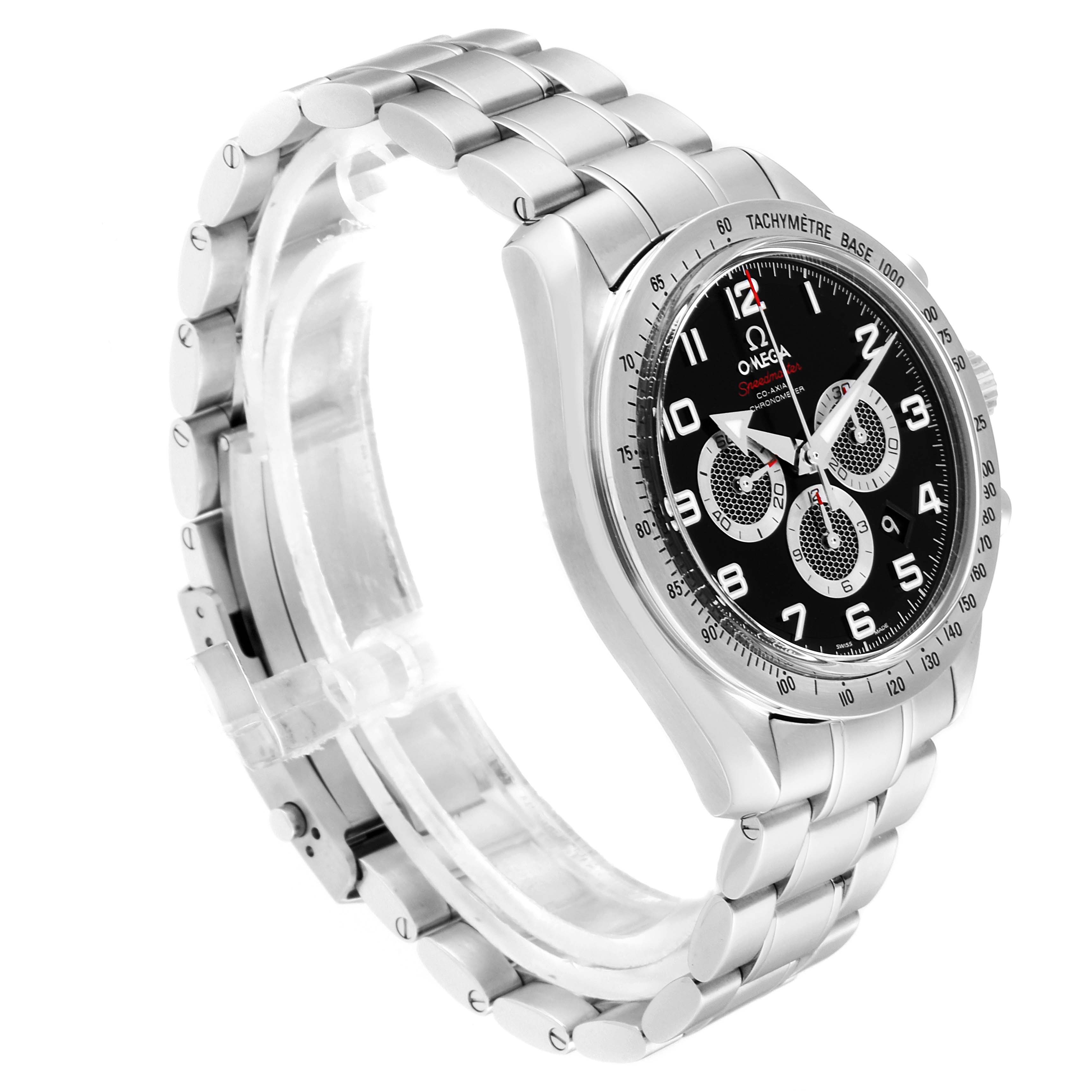 The Omega Speedmaster 321.10.44.50.01.001 Men's Stainless Steel Black Dial 321.10.44.50.01.001 Men's Stainless Steel Black Dial watch is shown from a side angle, displaying its stainless steel bracelet and black dial with chronograph subdials.