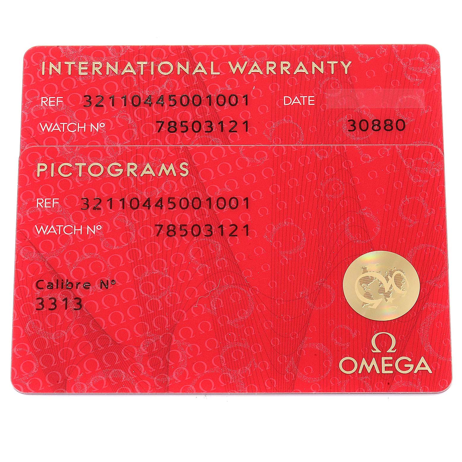 The image shows the international warranty and pictograms cards for the Omega Speedmaster 321.10.44.50.01.001 Men's Stainless Steel Black Dial 321.10.44.50.01.001 Men's Stainless Steel Black Dial watch.