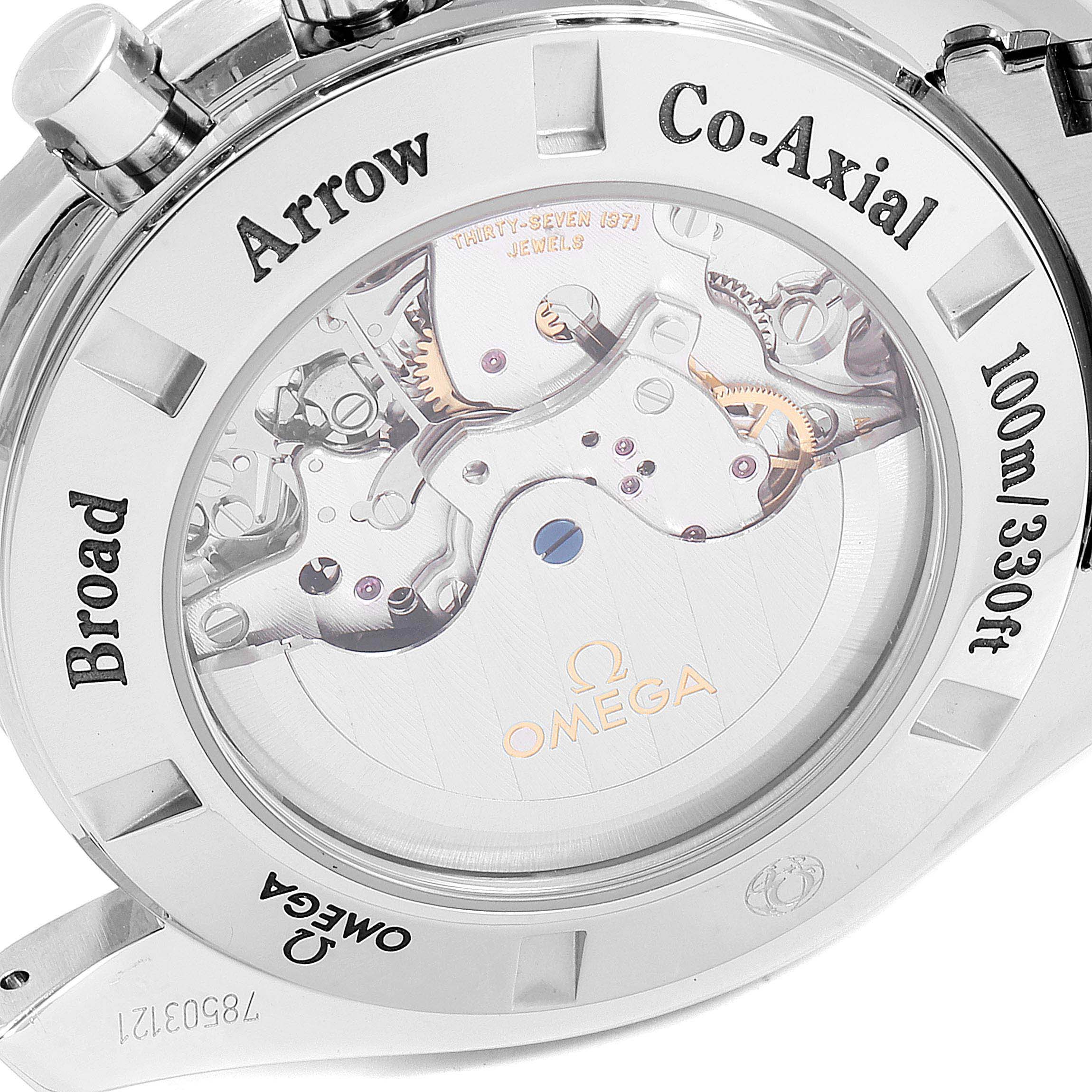 The image shows the case back of the Omega Speedmaster 321.10.44.50.01.001 Men's Stainless Steel Black Dial 321.10.44.50.01.001 Men's Stainless Steel Black Dial watch, highlighting the Co-Axial movement and crystal display.