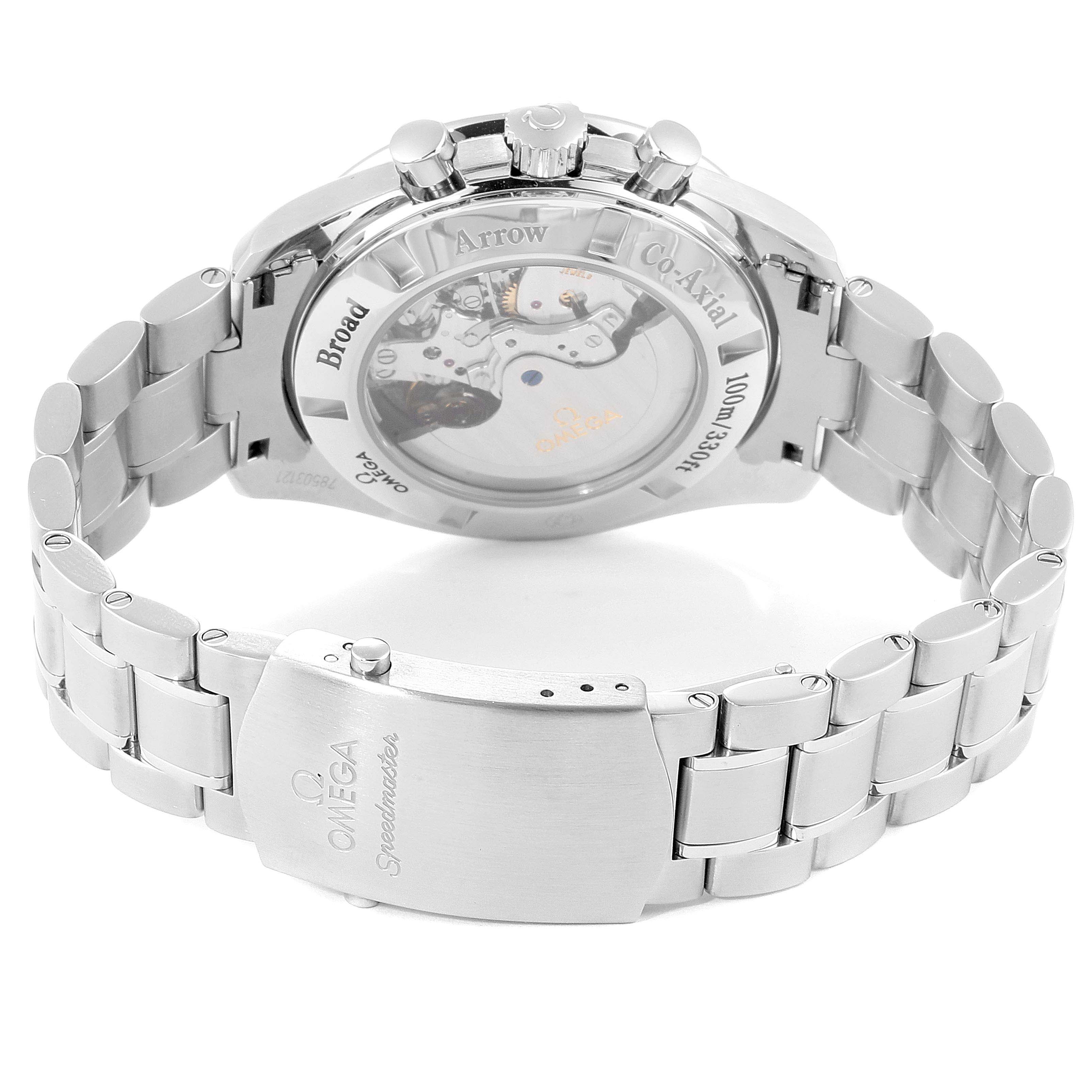 The image shows the back view of an Omega Speedmaster 321.10.44.50.01.001 Men's Stainless Steel Black Dial 321.10.44.50.01.001 Men's Stainless Steel Black Dial watch, highlighting the bracelet, clasp, and transparent case back.