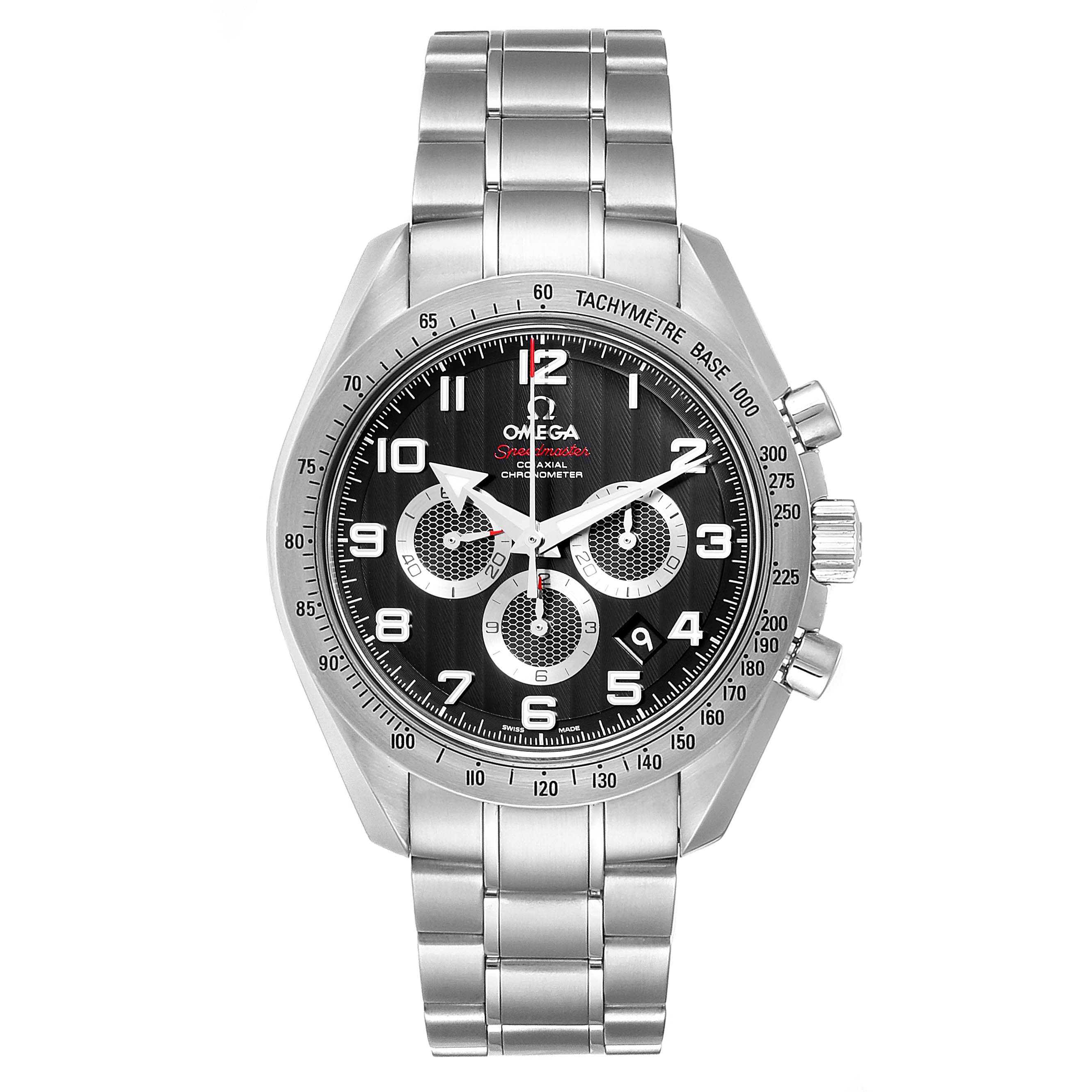 The image shows a front view of the Omega Speedmaster 321.10.44.50.01.001 Men's Stainless Steel Black Dial 321.10.44.50.01.001 Men's Stainless Steel Black Dial wristwatch with its stainless steel bracelet.