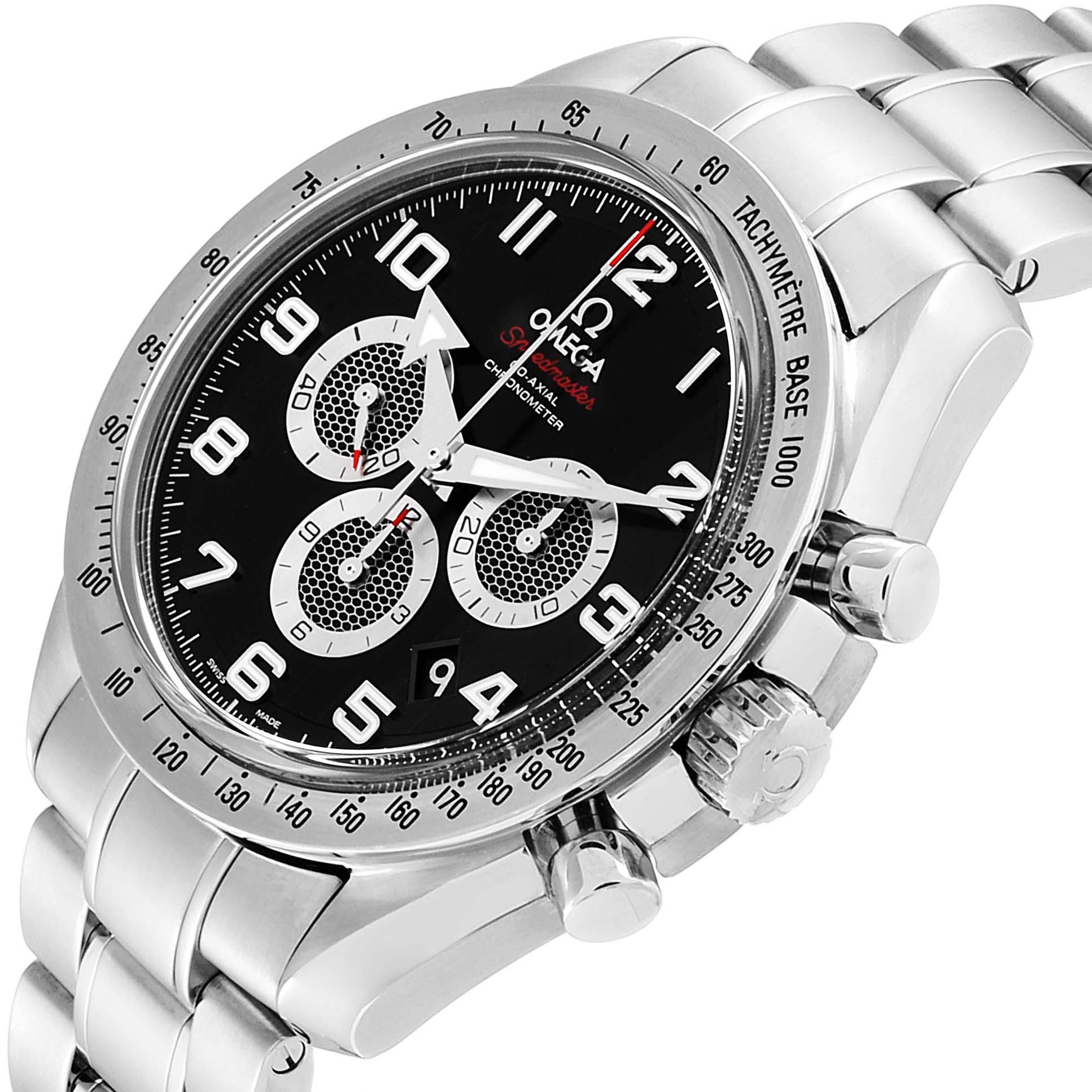 The Omega Speedmaster 321.10.44.50.01.001 Men's Stainless Steel Black Dial 321.10.44.50.01.001 Men's Stainless Steel Black Dial watch is shown at a slight angle, displaying the dial, bezel, crown, and stainless steel bracelet.