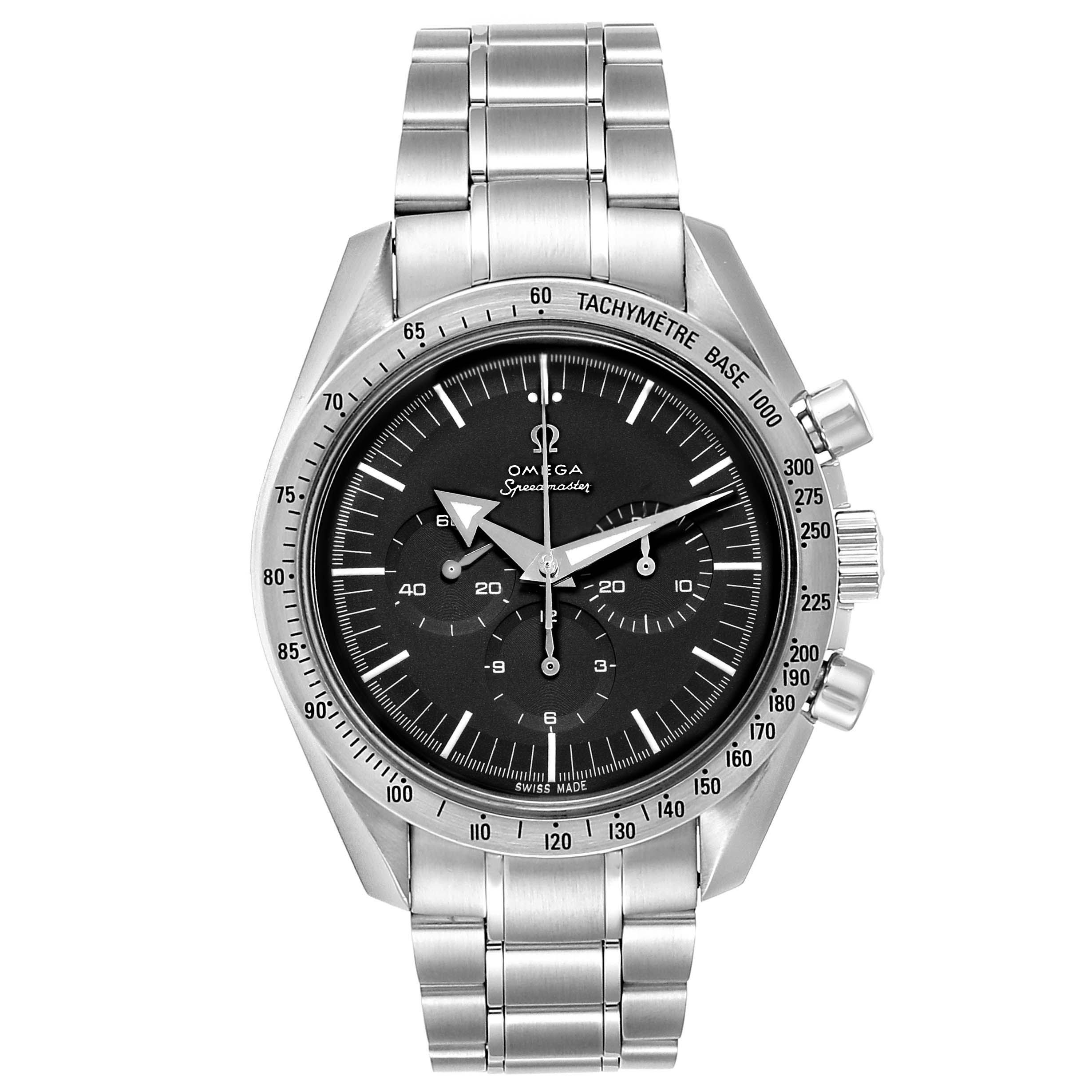 The Omega Speedmaster 3594.50.00 Men's Stainless Steel Black Dial 3594.50.00 Men's Stainless Steel Black Dial watch is shown from the front, displaying its face, bezel, and stainless steel bracelet.