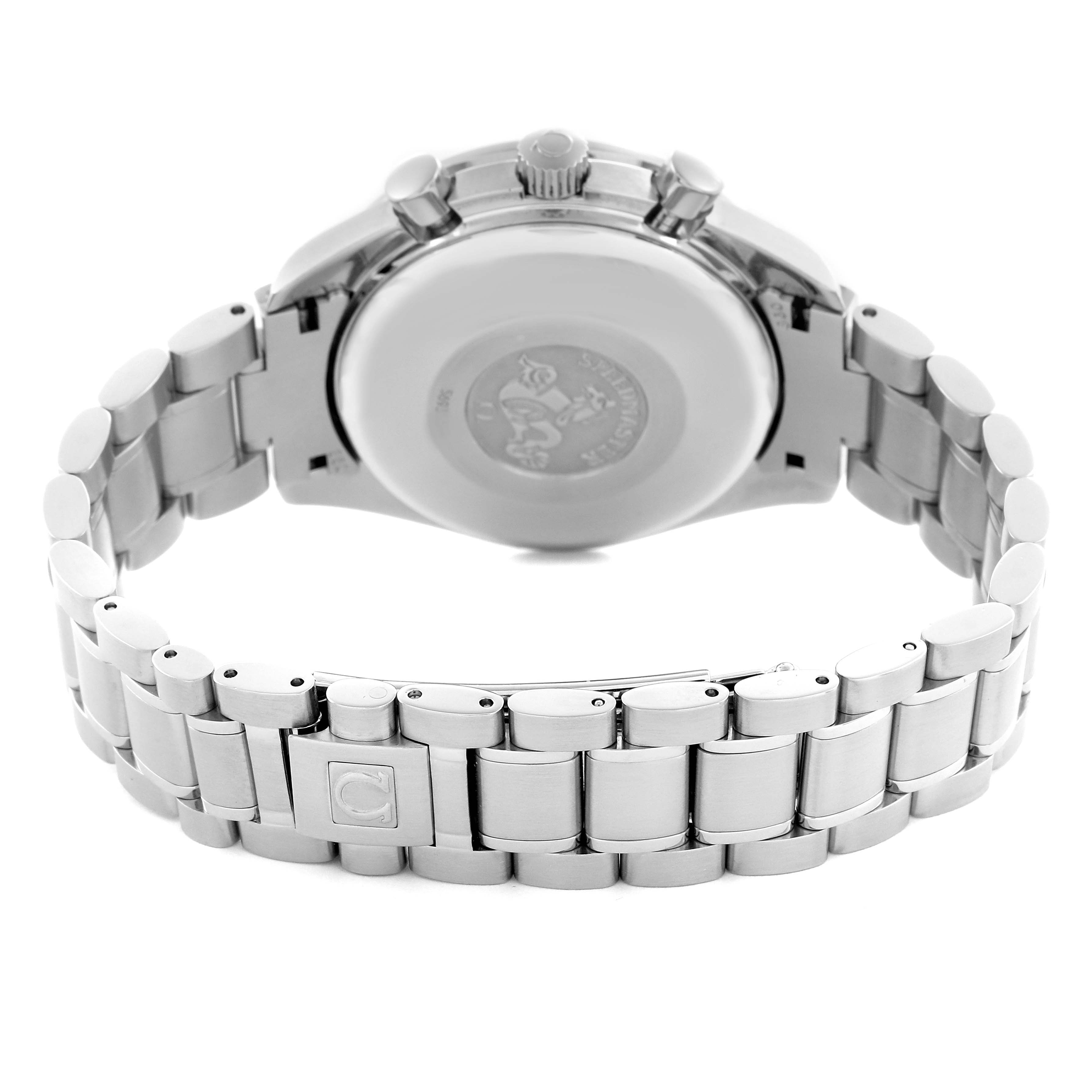 The image shows the back case and bracelet of the Omega Speedmaster 3513.30.00 Men
s Stainless Steel Silver Dial 3513.30.00 Men
s Stainless Steel Silver Dial watch from a rear angle.