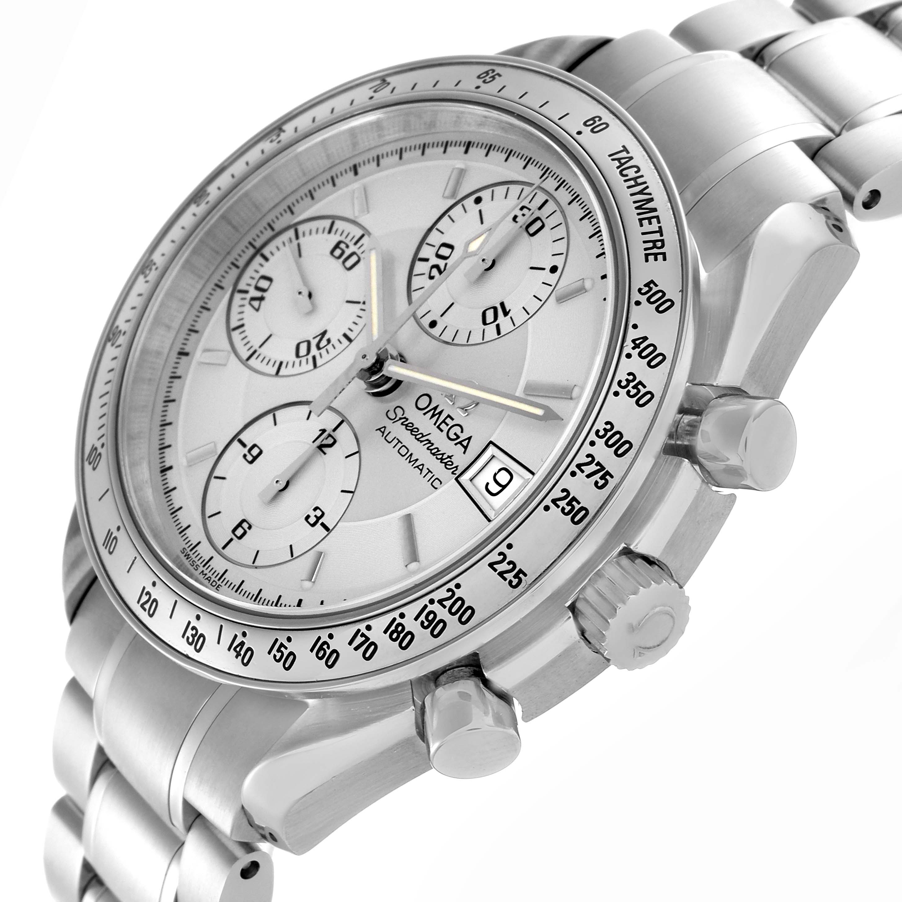 The Omega Speedmaster 3513.30.00 Men
s Stainless Steel Silver Dial 3513.30.00 Men
s Stainless Steel Silver Dial watch is shown at an angle emphasizing its dial, crown, pushers, and tachymeter bezel.