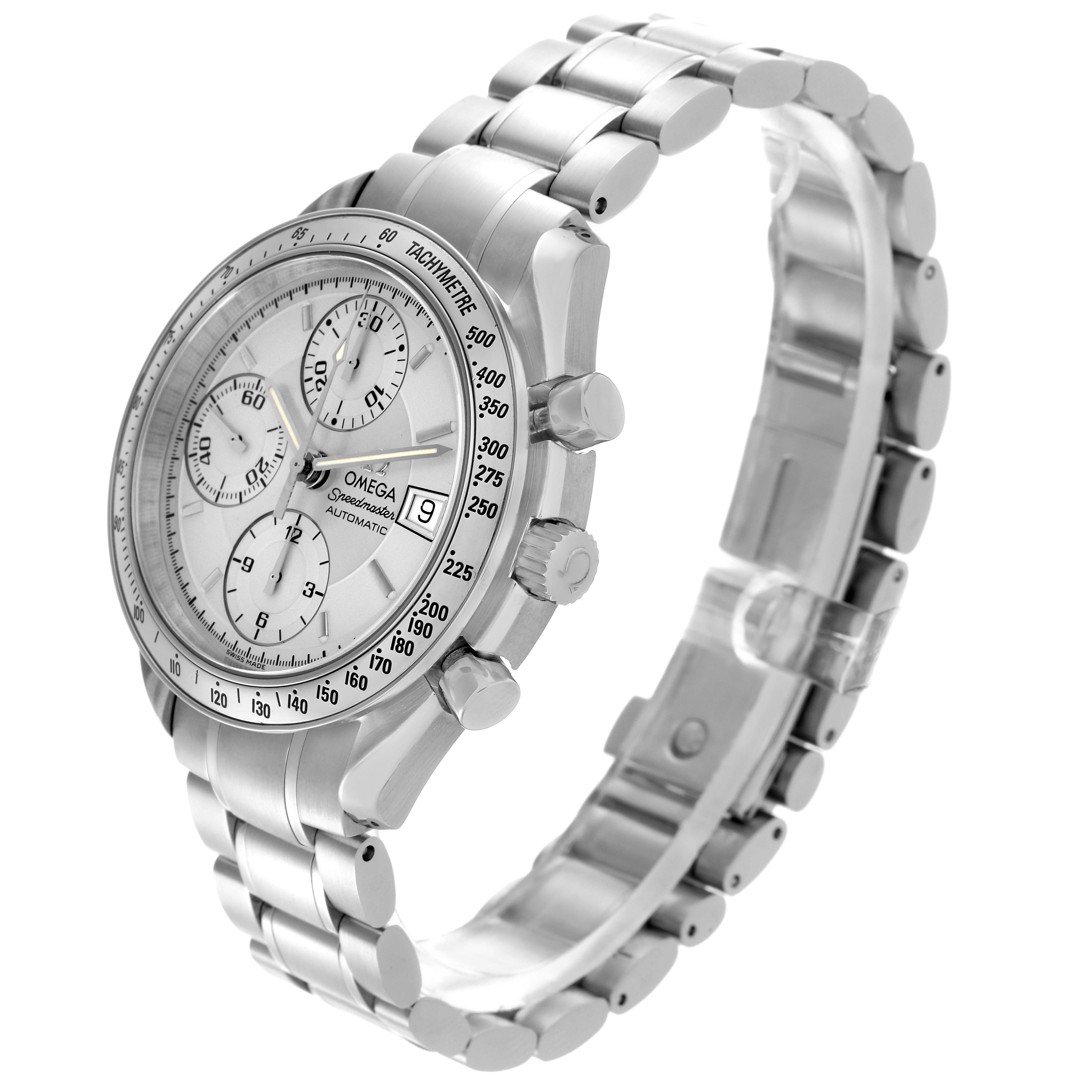 The Omega Speedmaster 3513.30.00 Men
s Stainless Steel Silver Dial 3513.30.00 Men
s Stainless Steel Silver Dial watch is shown from a side angle, highlighting the bezel, dial, crown, pushers, and metal bracelet.