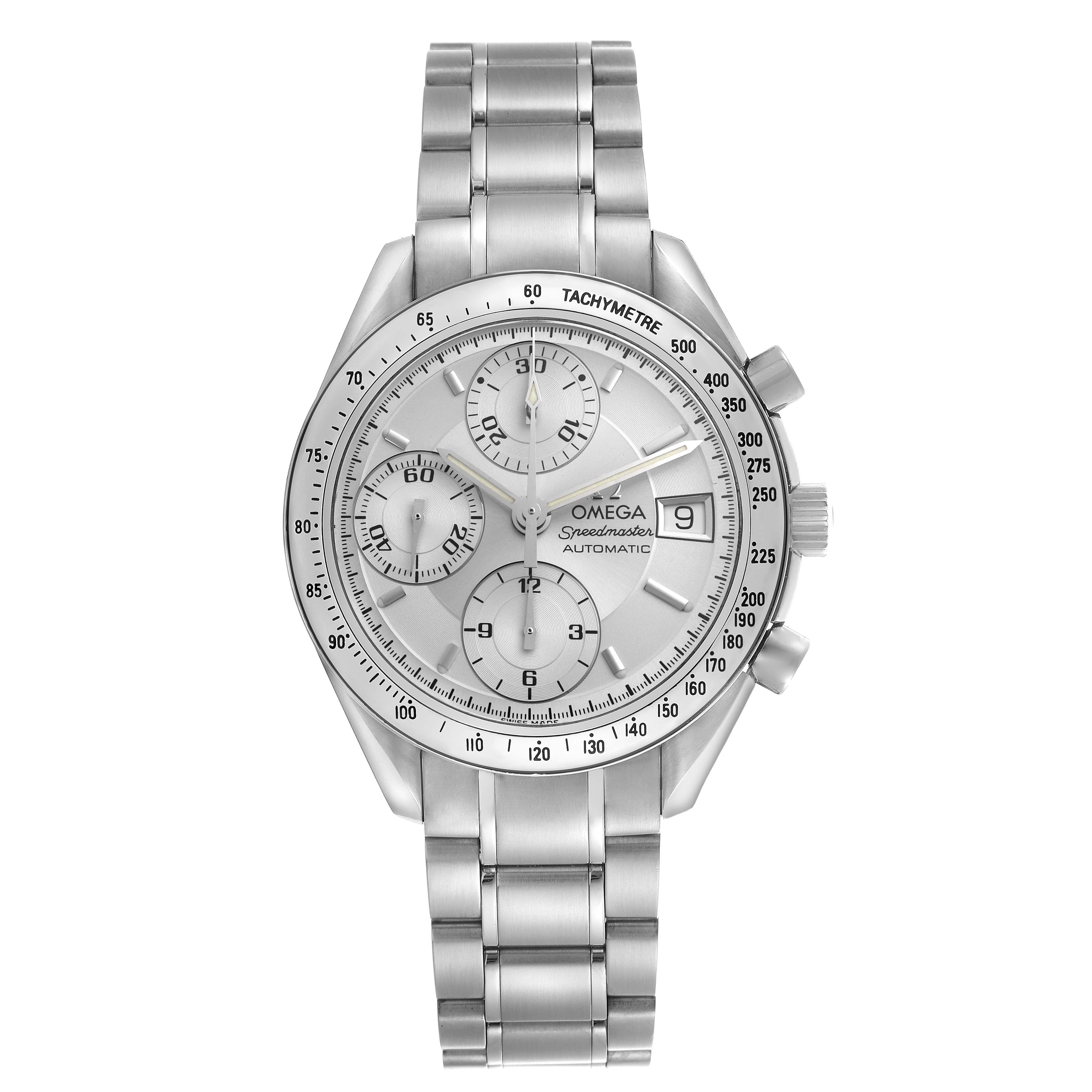 The image shows a front view of the Omega Speedmaster 3513.30.00 Men
s Stainless Steel Silver Dial 3513.30.00 Men
s Stainless Steel Silver Dial watch, highlighting the dial, bezel, and bracelet.