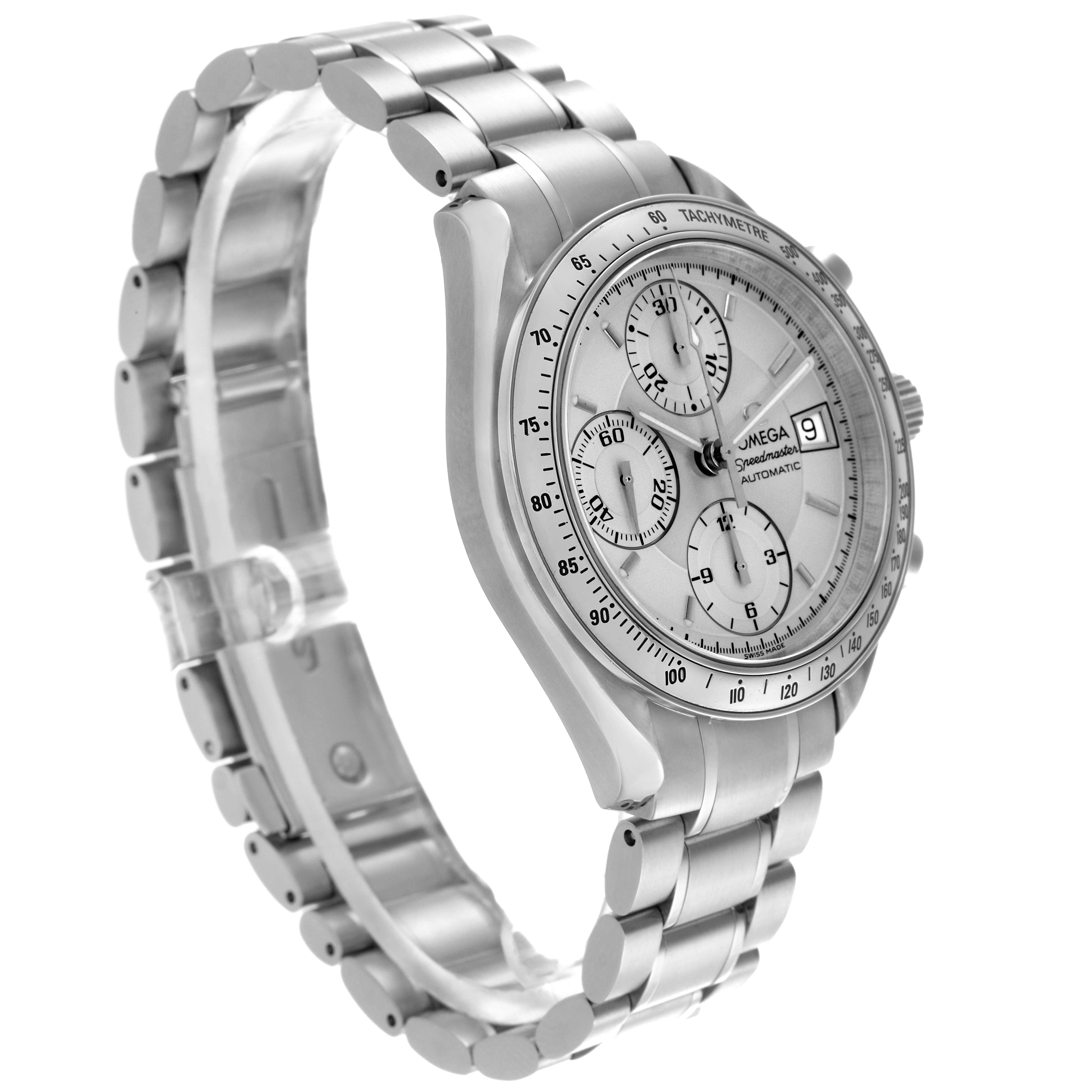 The Omega Speedmaster 3513.30.00 Men
s Stainless Steel Silver Dial 3513.30.00 Men
s Stainless Steel Silver Dial watch is shown at a three-quarter angle, highlighting its face, bezel, and stainless steel bracelet.