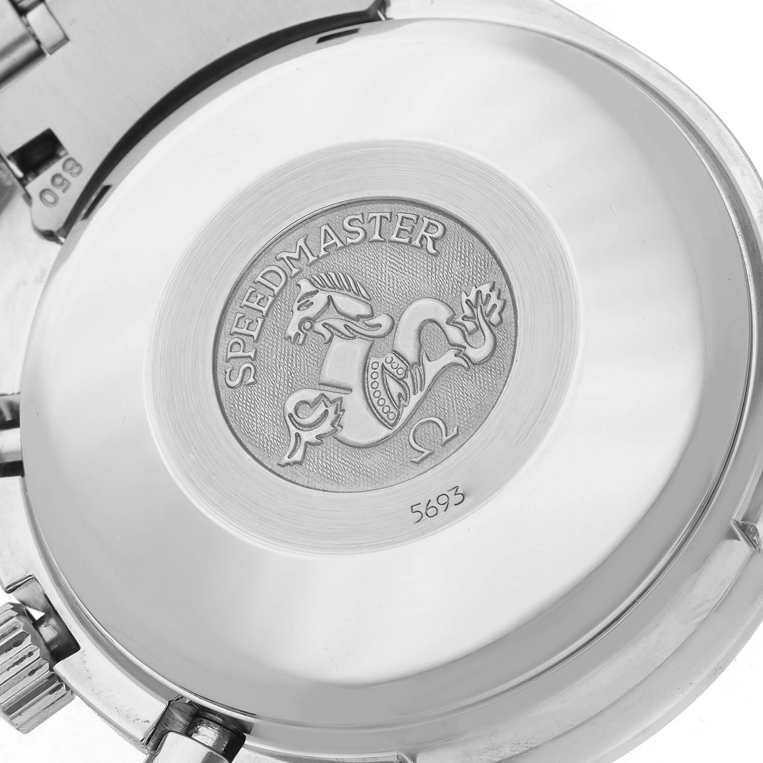 The image shows the case back of an Omega Speedmaster 3513.30.00 Men
s Stainless Steel Silver Dial 3513.30.00 Men
s Stainless Steel Silver Dial watch, highlighting the engraved logo and serial number.