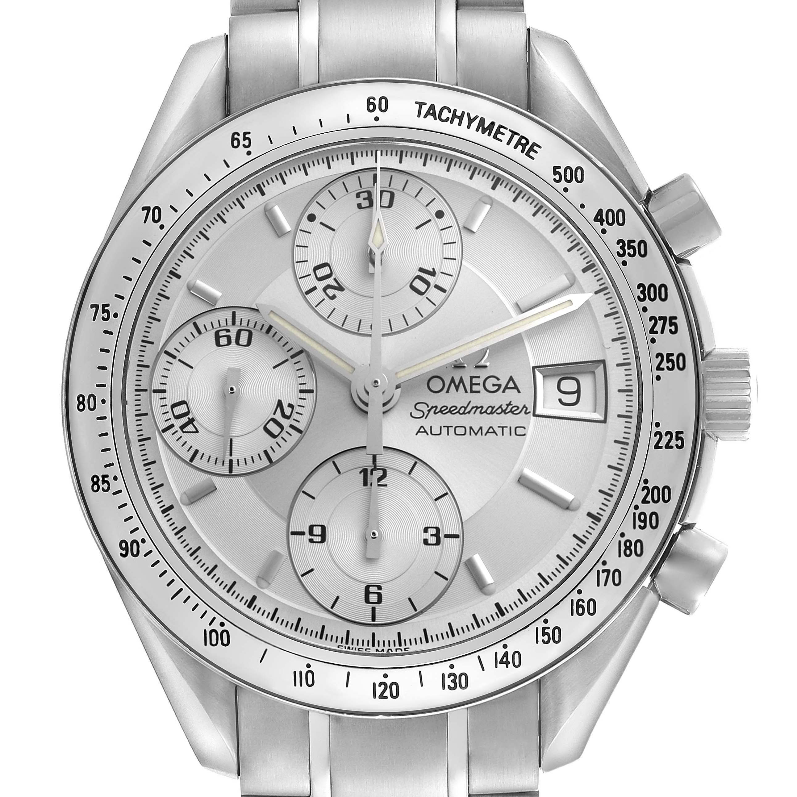 The Omega Speedmaster 3513.30.00 Men
s Stainless Steel Silver Dial 3513.30.00 Men
s Stainless Steel Silver Dial watch is shown from the front, displaying the dial, subdials, tachymeter bezel, and date window.