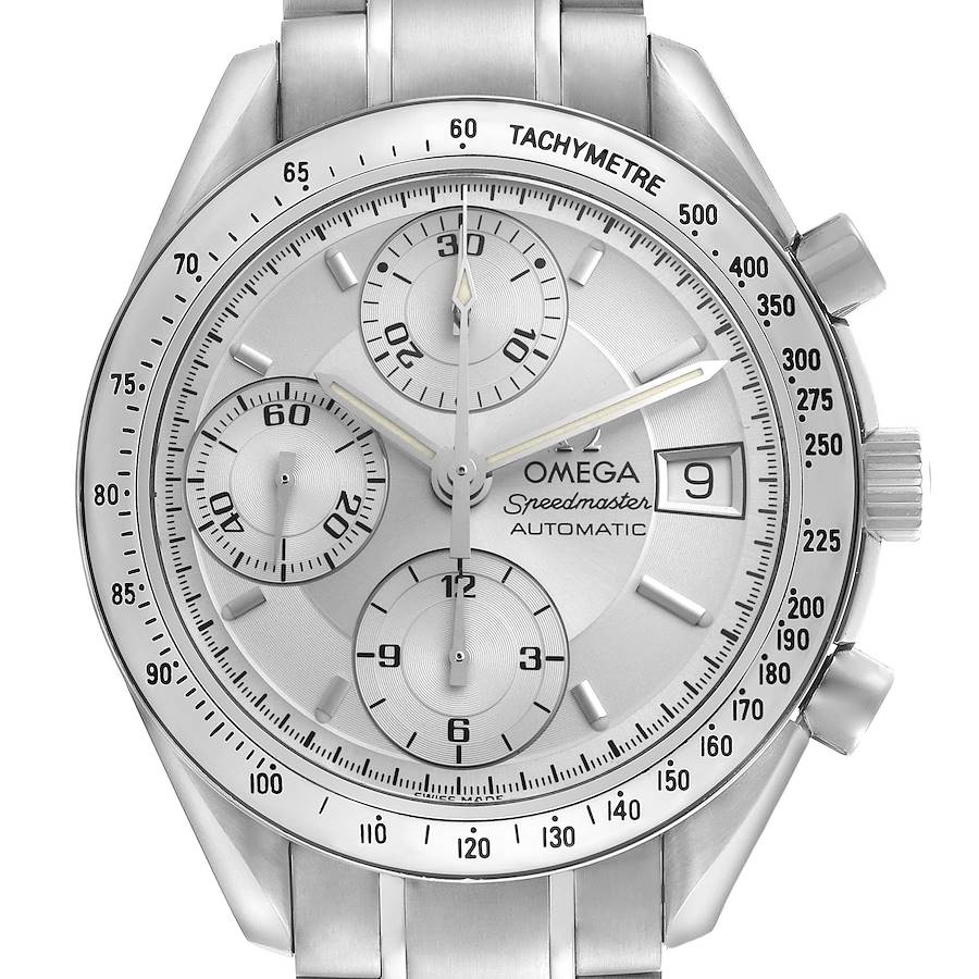 The Omega Speedmaster watch is shown from the front, displaying the dial, subdials, tachymeter bezel, and date window.