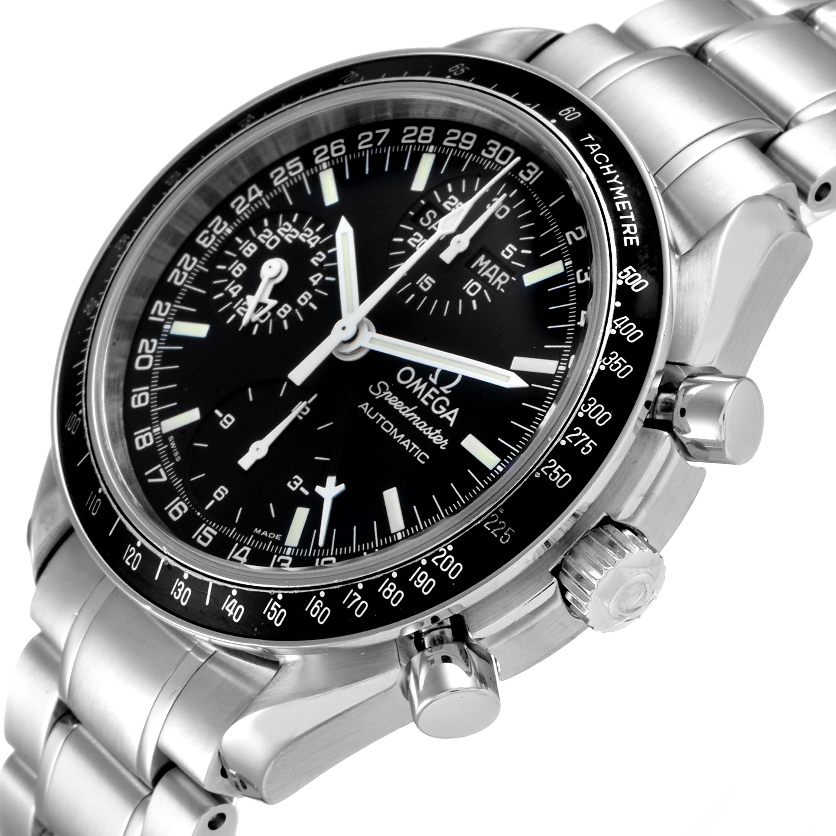 The image shows an angled view of the Omega Speedmaster 3520.50.00 Men
s Stainless Steel Black Dial 3520.50.00 Men
s Stainless Steel Black Dial watch, highlighting the face, bezel, crown, and part of the bracelet.