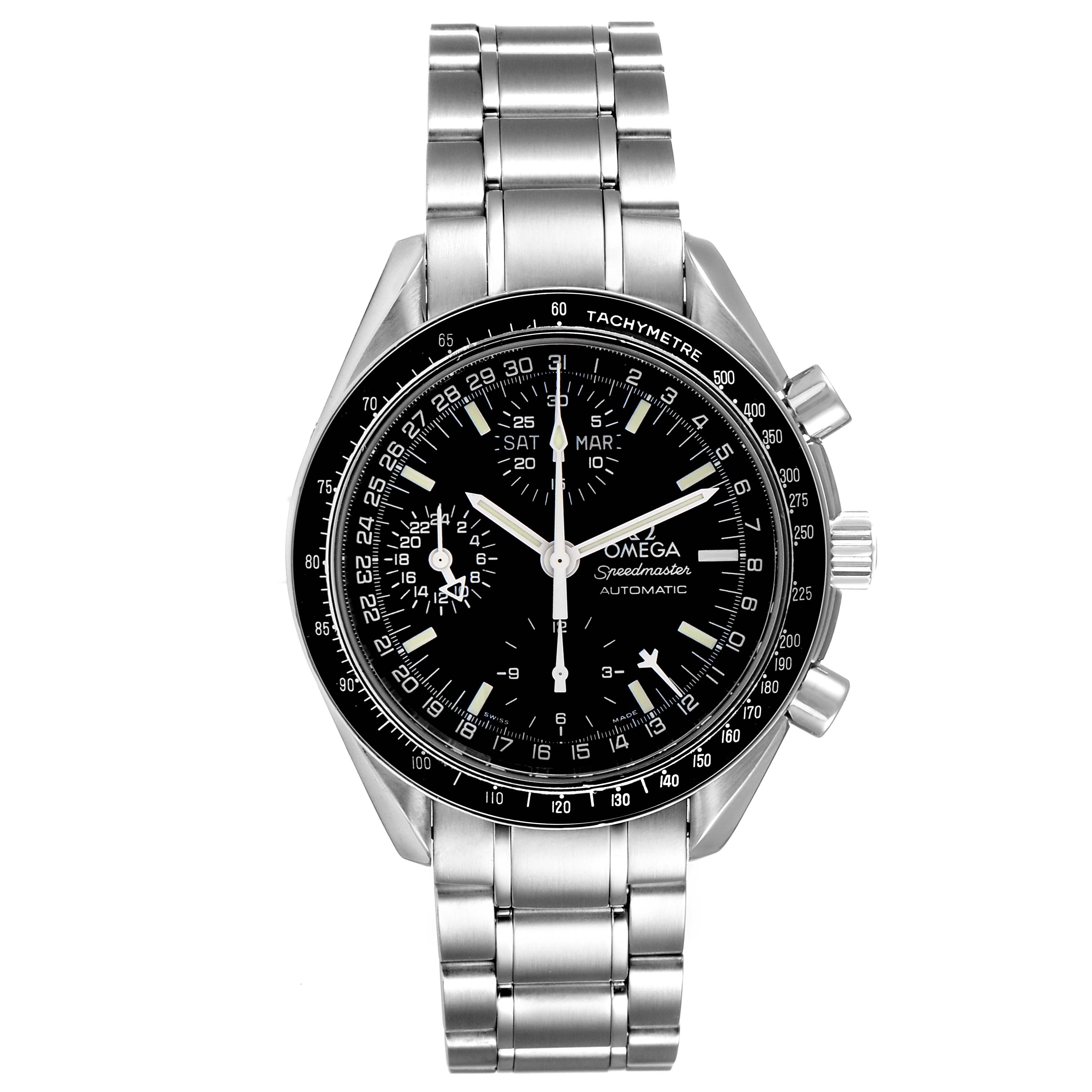 The Omega Speedmaster 3520.50.00 Men
s Stainless Steel Black Dial 3520.50.00 Men
s Stainless Steel Black Dial model is shown from a front angle, highlighting the dial, bezel, pushers, and bracelet.