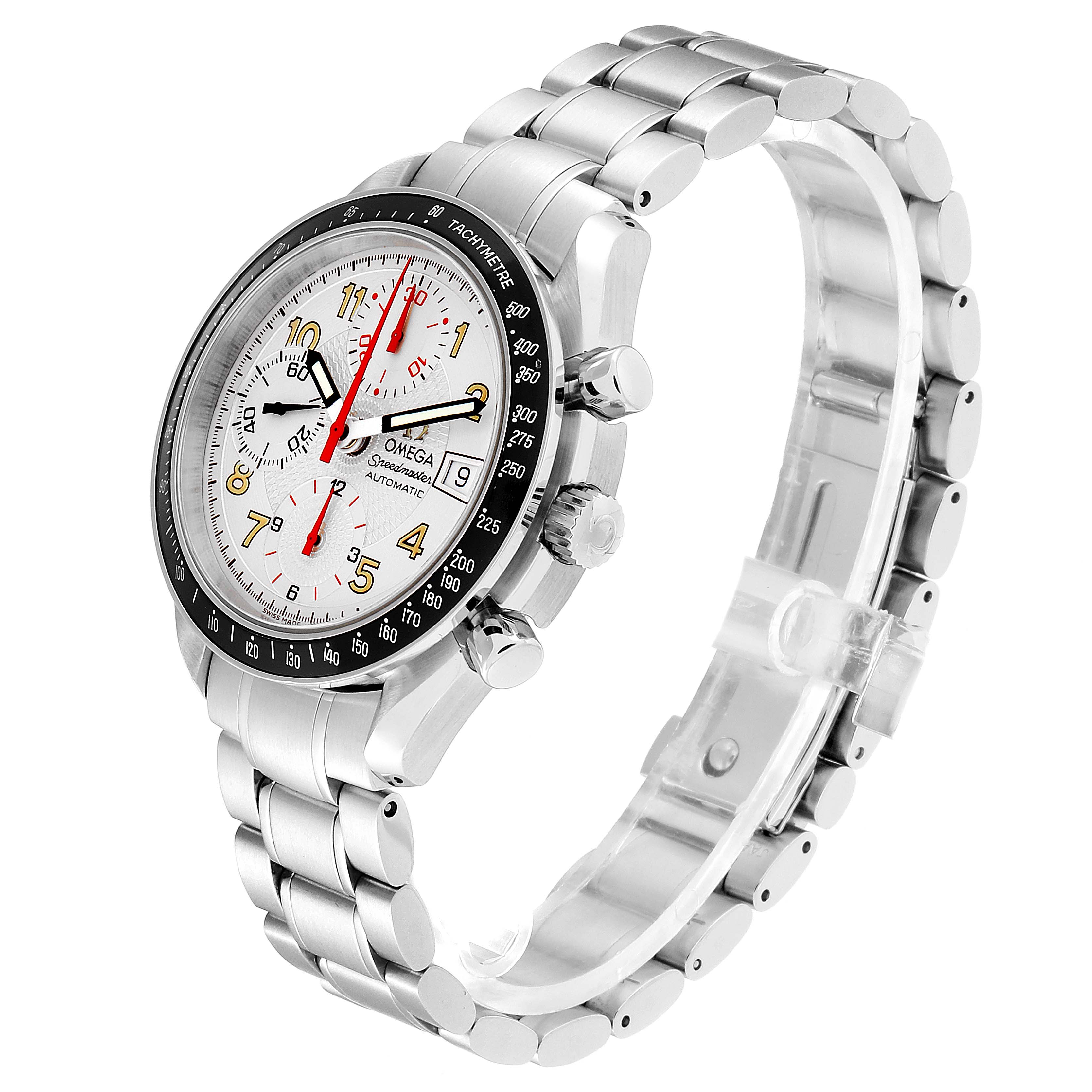 The Omega Speedmaster 3513.33.00 Men's Stainless Steel White Dial 3513.33.00 Men's Stainless Steel White Dial watch is shown at a 3/4 angle, highlighting the face, bezel, crown, and metal bracelet.