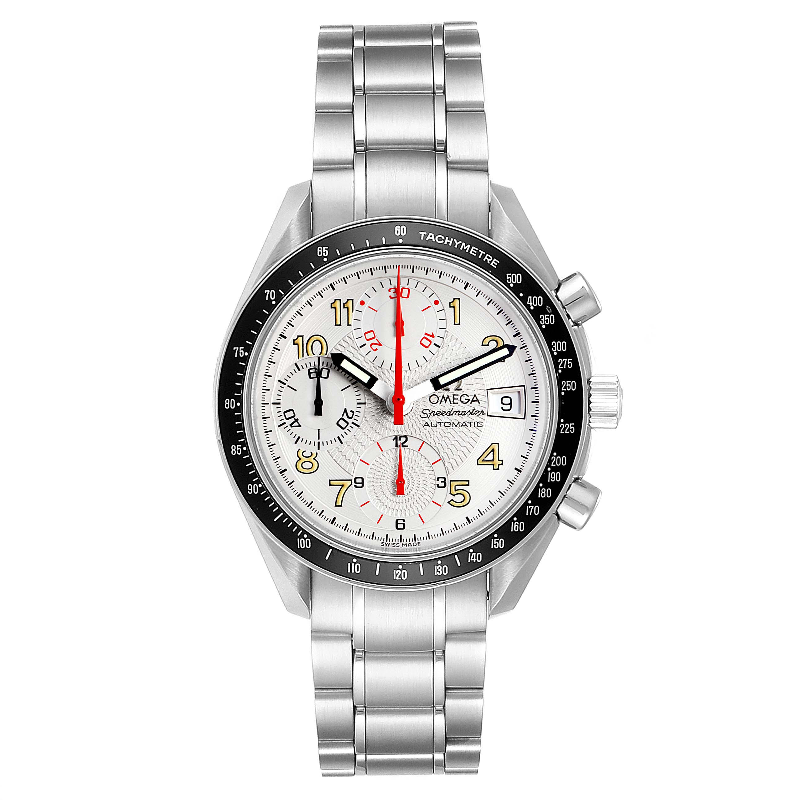 The image shows the front view of an Omega Speedmaster 3513.33.00 Men's Stainless Steel White Dial 3513.33.00 Men's Stainless Steel White Dial watch, displaying its face, bezel, and stainless steel bracelet.