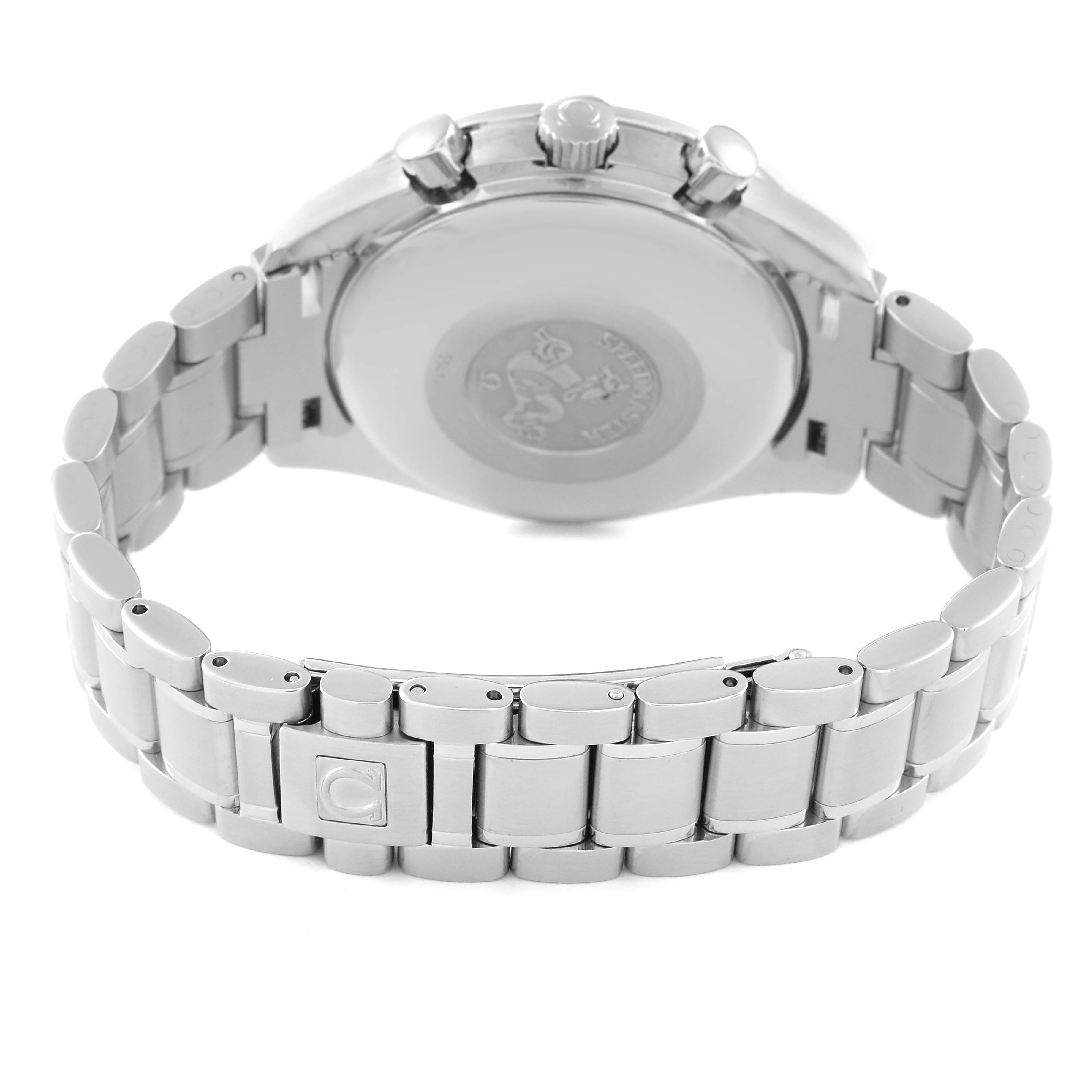 This image shows the back and bracelet of an Omega Speedmaster 3513.53.00 Men's Stainless Steel Black Dial 3513.53.00 Men's Stainless Steel Black Dial watch with a focus on the clasp and case back.