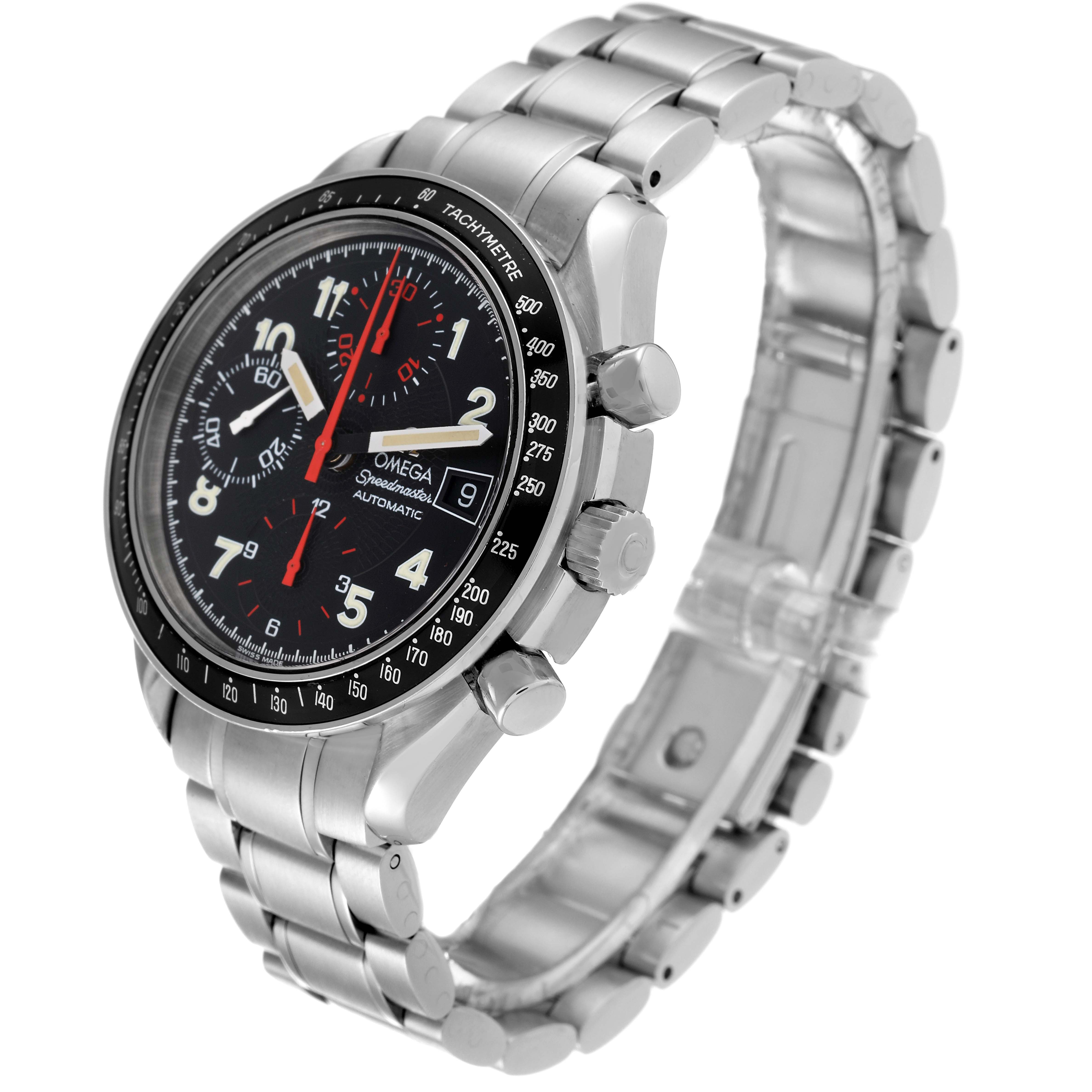 The Omega Speedmaster 3513.53.00 Men's Stainless Steel Black Dial 3513.53.00 Men's Stainless Steel Black Dial watch is shown at a three-quarter angle, displaying its face, bezel, crown, and metal bracelet.