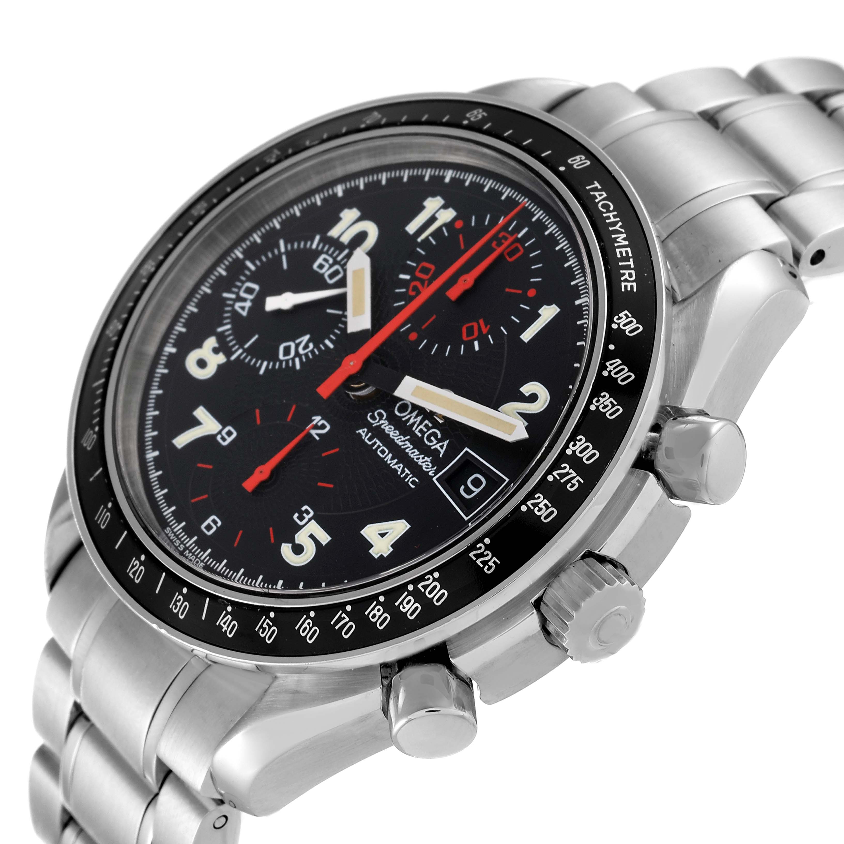 This image shows the Omega Speedmaster 3513.53.00 Men's Stainless Steel Black Dial 3513.53.00 Men's Stainless Steel Black Dial watch at an angle, highlighting the face, bezel, crown, and part of the bracelet.