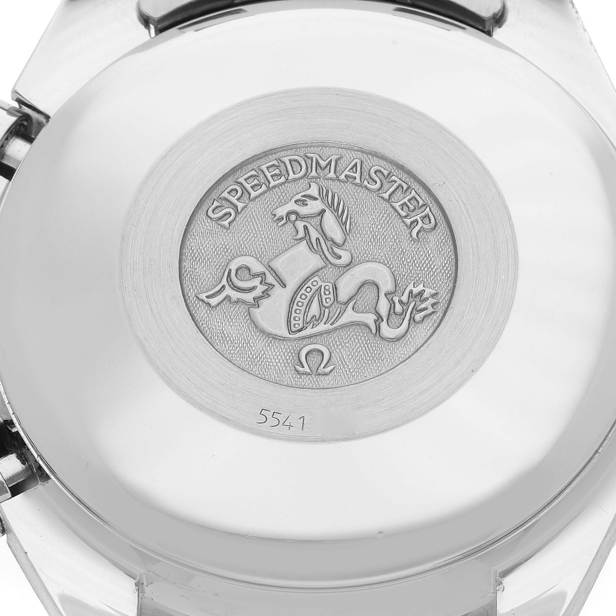 The image shows the back cover of an Omega Speedmaster 3513.53.00 Men's Stainless Steel Black Dial 3513.53.00 Men's Stainless Steel Black Dial watch, featuring its engraved emblem and model name.