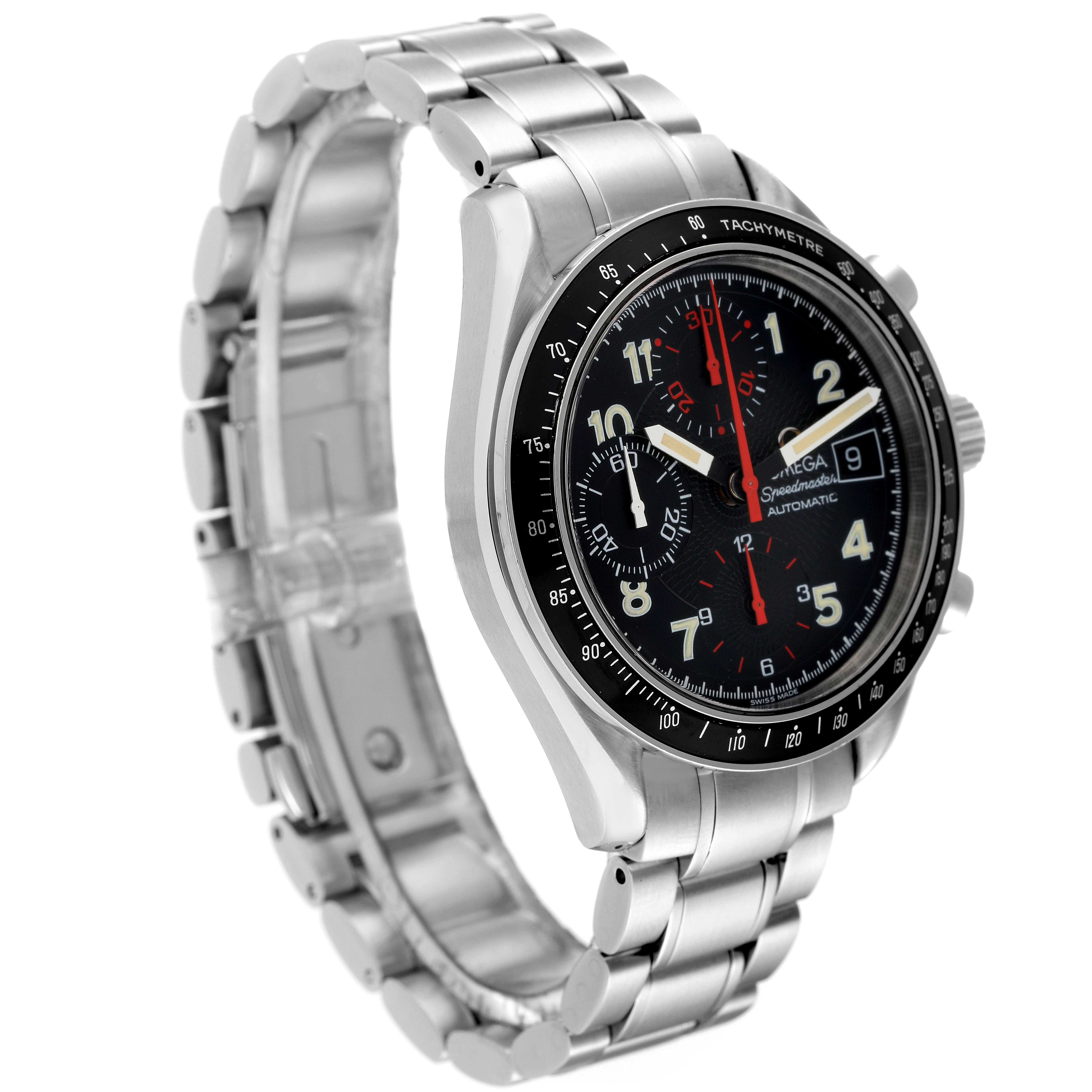 The image shows an Omega Speedmaster 3513.53.00 Men's Stainless Steel Black Dial 3513.53.00 Men's Stainless Steel Black Dial watch at a three-quarter angle, highlighting the face, bezel, and metal bracelet.