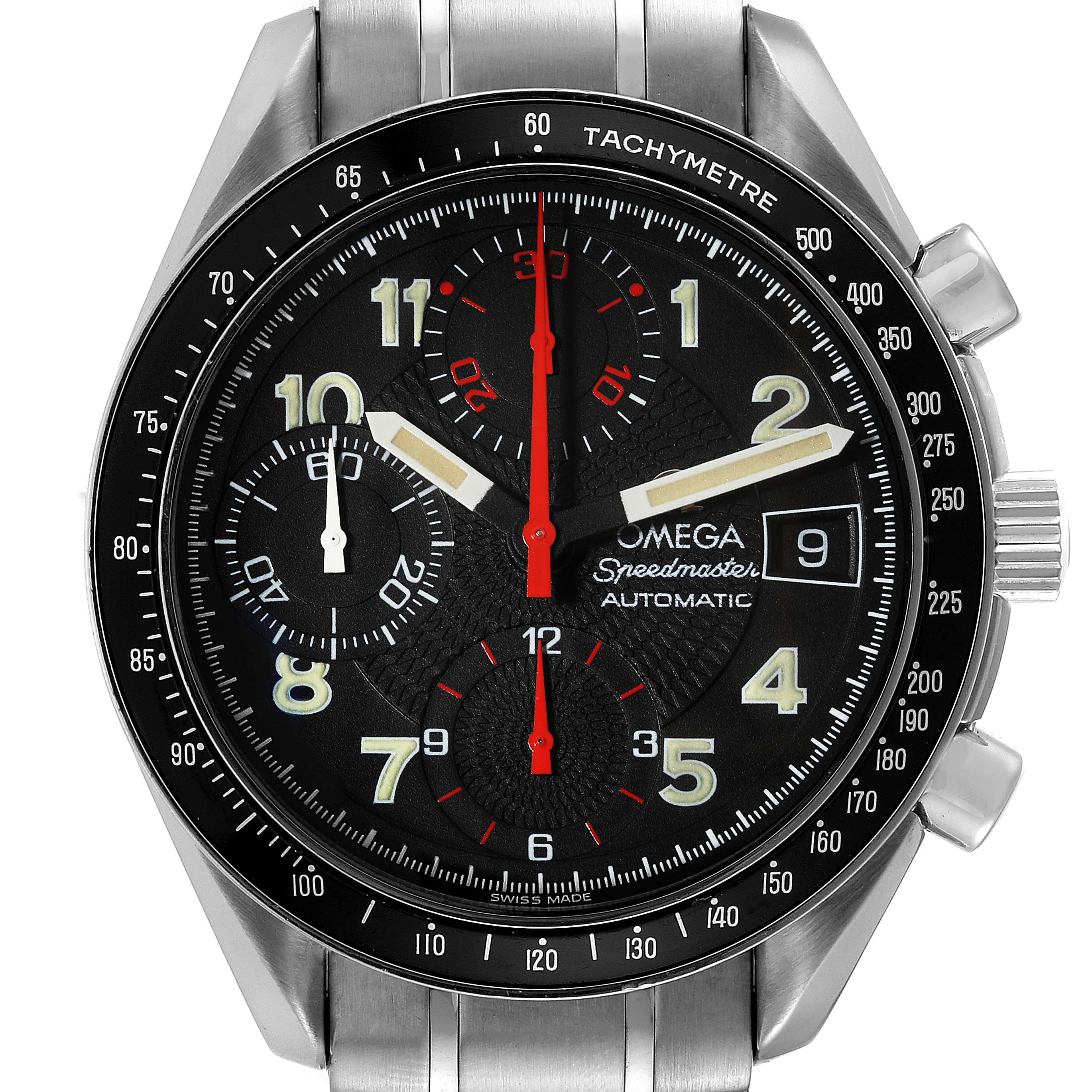 The image shows a front view of an Omega Speedmaster 3513.53.00 Men's Stainless Steel Black Dial 3513.53.00 Men's Stainless Steel Black Dial watch, highlighting its dial, subdials, hands, date window, and bezel.