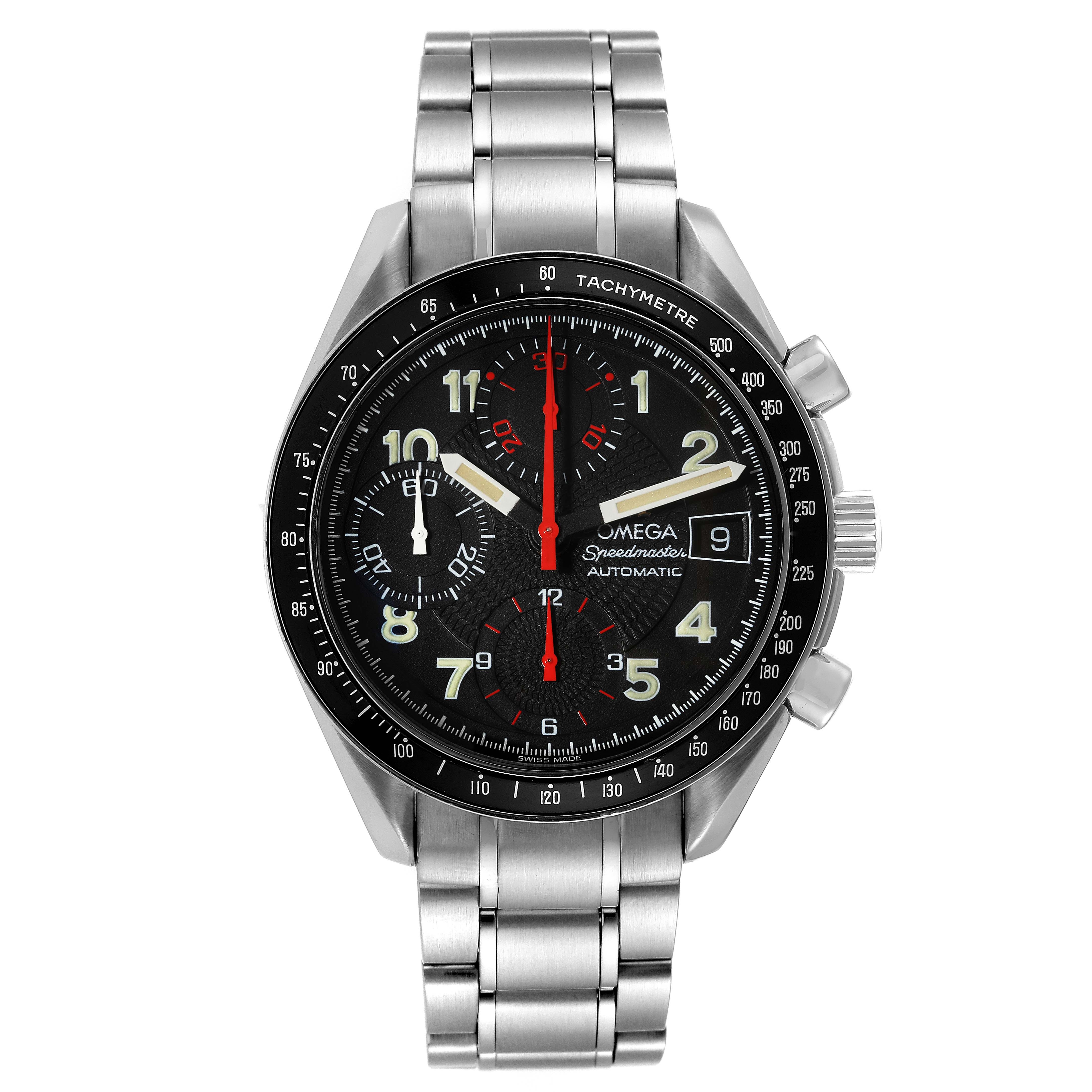 The Omega Speedmaster 3513.53.00 Men's Stainless Steel Black Dial 3513.53.00 Men's Stainless Steel Black Dial watch is shown from a front angle, displaying the face, bezel, crown, pushers, and stainless steel bracelet.