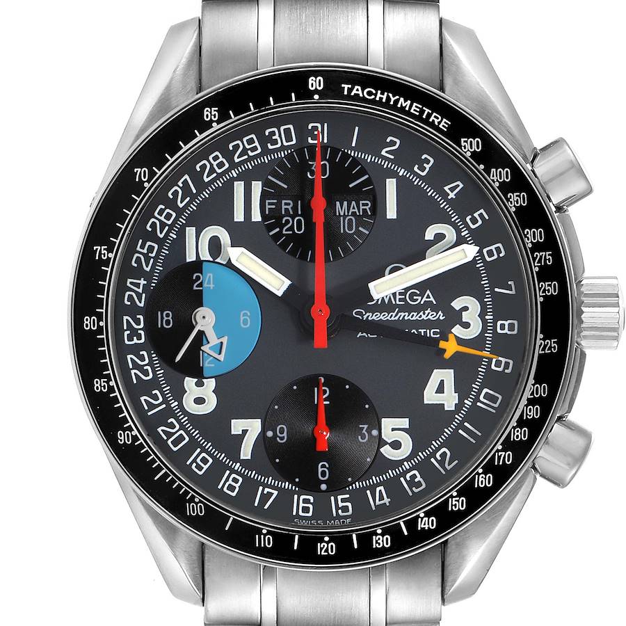 The Omega Speedmaster watch is shown from the front, displaying the face, dials, and part of the stainless steel bracelet.