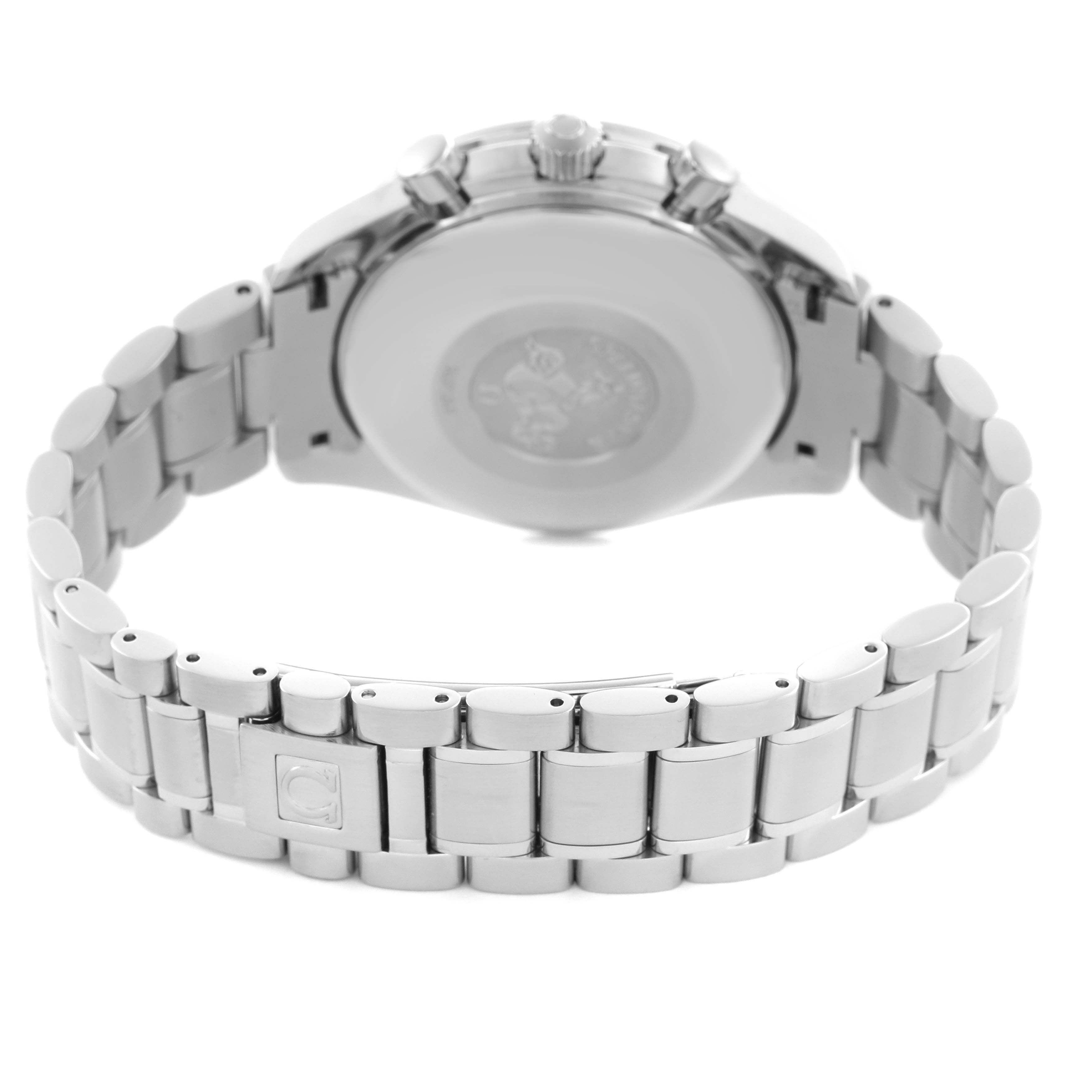 The Omega Speedmaster 3520.53.00 Men
s Stainless Steel Grey Dial 3520.53.00 Men
s Stainless Steel Grey Dial watch is shown from the back, displaying the bracelet and clasp.