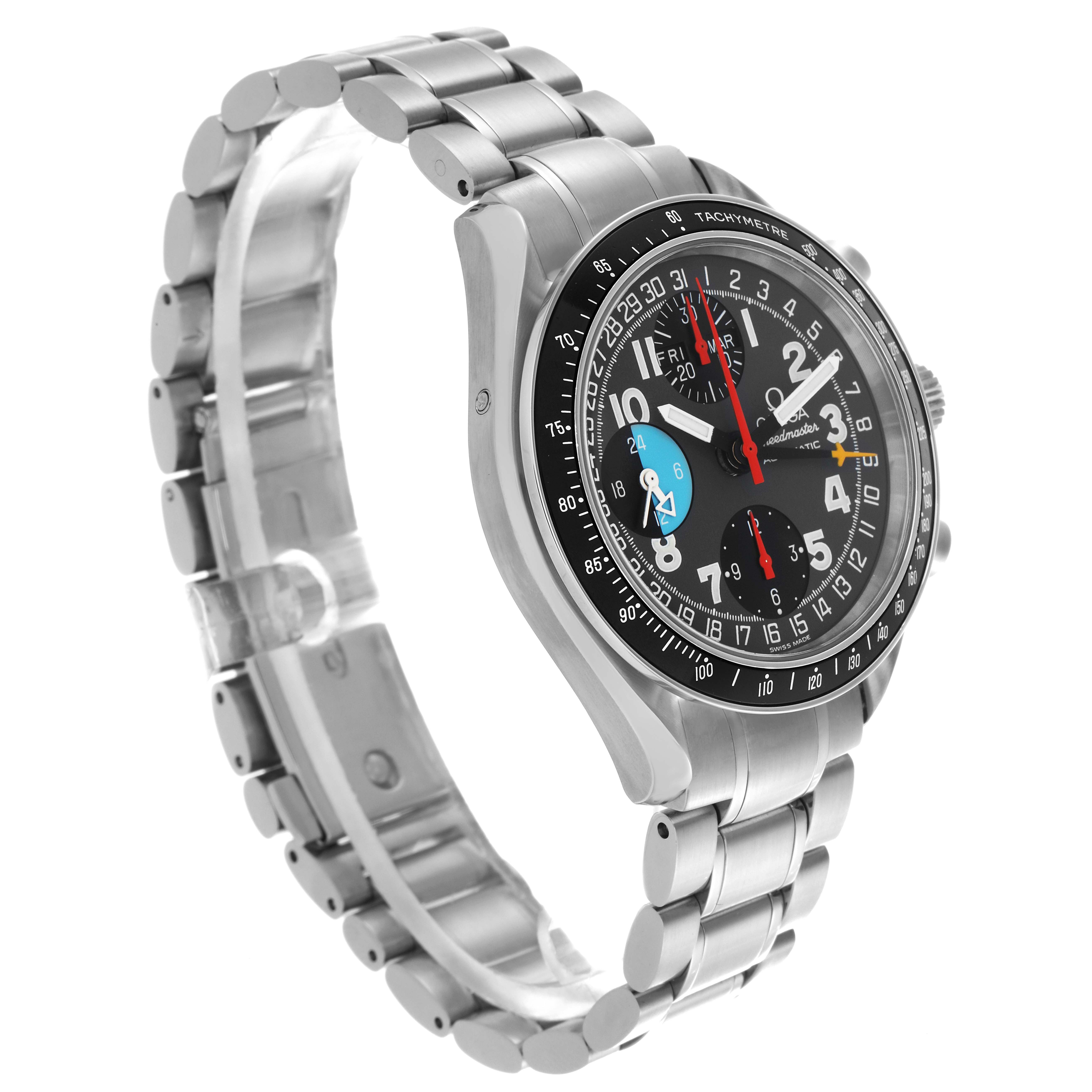 The Omega Speedmaster 3520.53.00 Men
s Stainless Steel Grey Dial 3520.53.00 Men
s Stainless Steel Grey Dial watch is shown at an angled side view, displaying the bracelet, bezel, and dial.