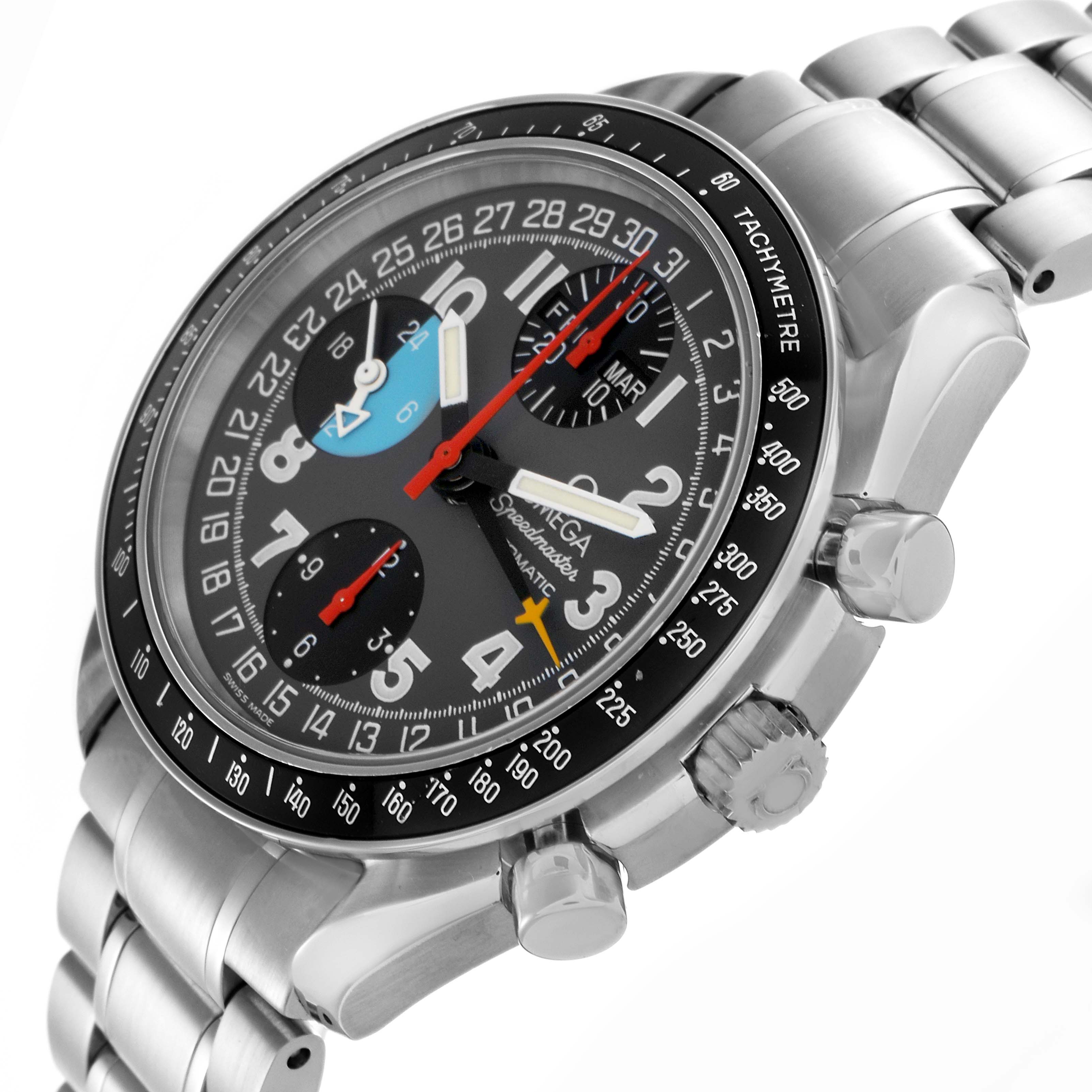 The Omega Speedmaster 3520.53.00 Men
s Stainless Steel Grey Dial 3520.53.00 Men
s Stainless Steel Grey Dial watch is shown at an oblique angle, highlighting the face, bezel, and stainless steel bracelet.