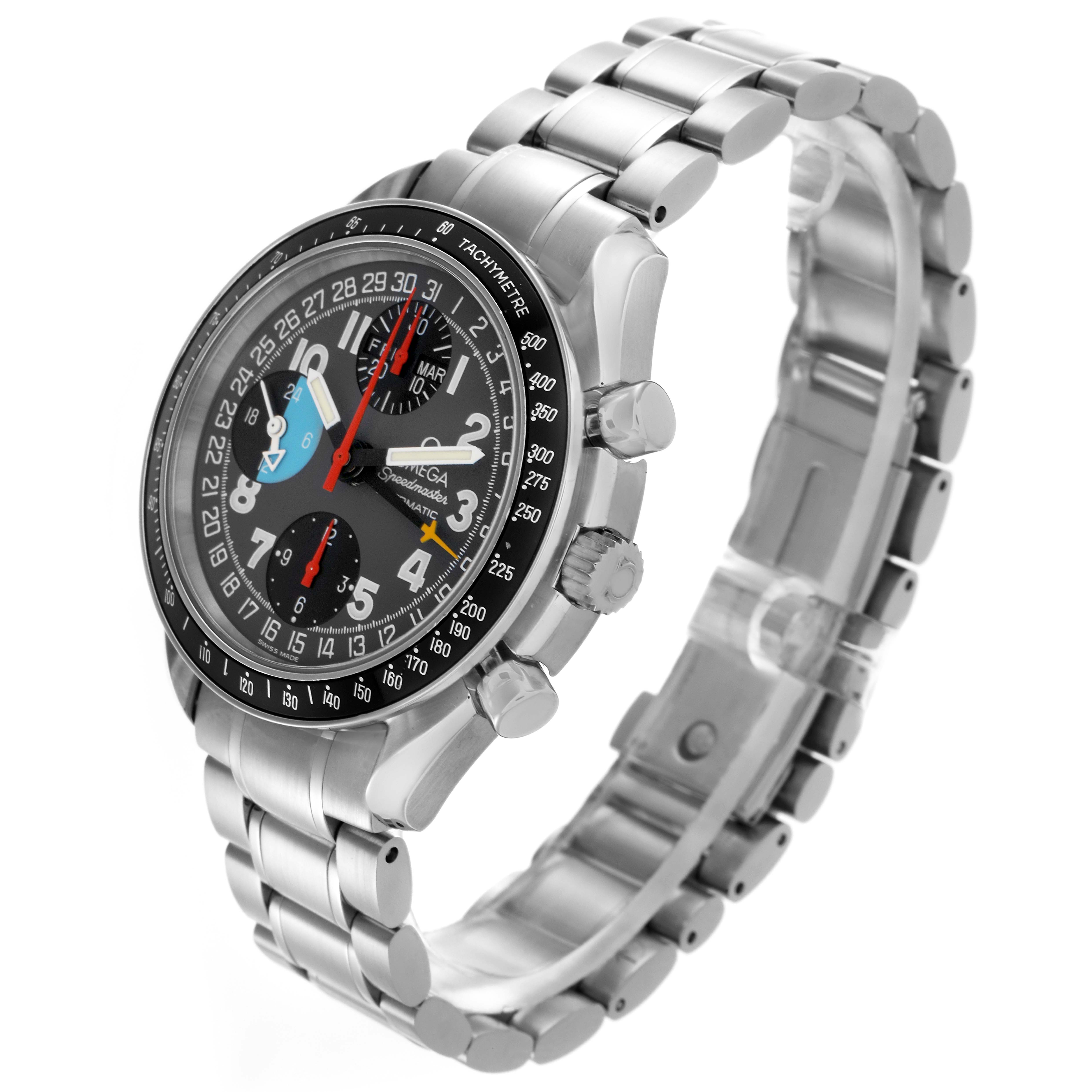 The Omega Speedmaster 3520.53.00 Men
s Stainless Steel Grey Dial 3520.53.00 Men
s Stainless Steel Grey Dial watch is shown at a side angle, highlighting the face, bezel, crown, pushers, and bracelet.