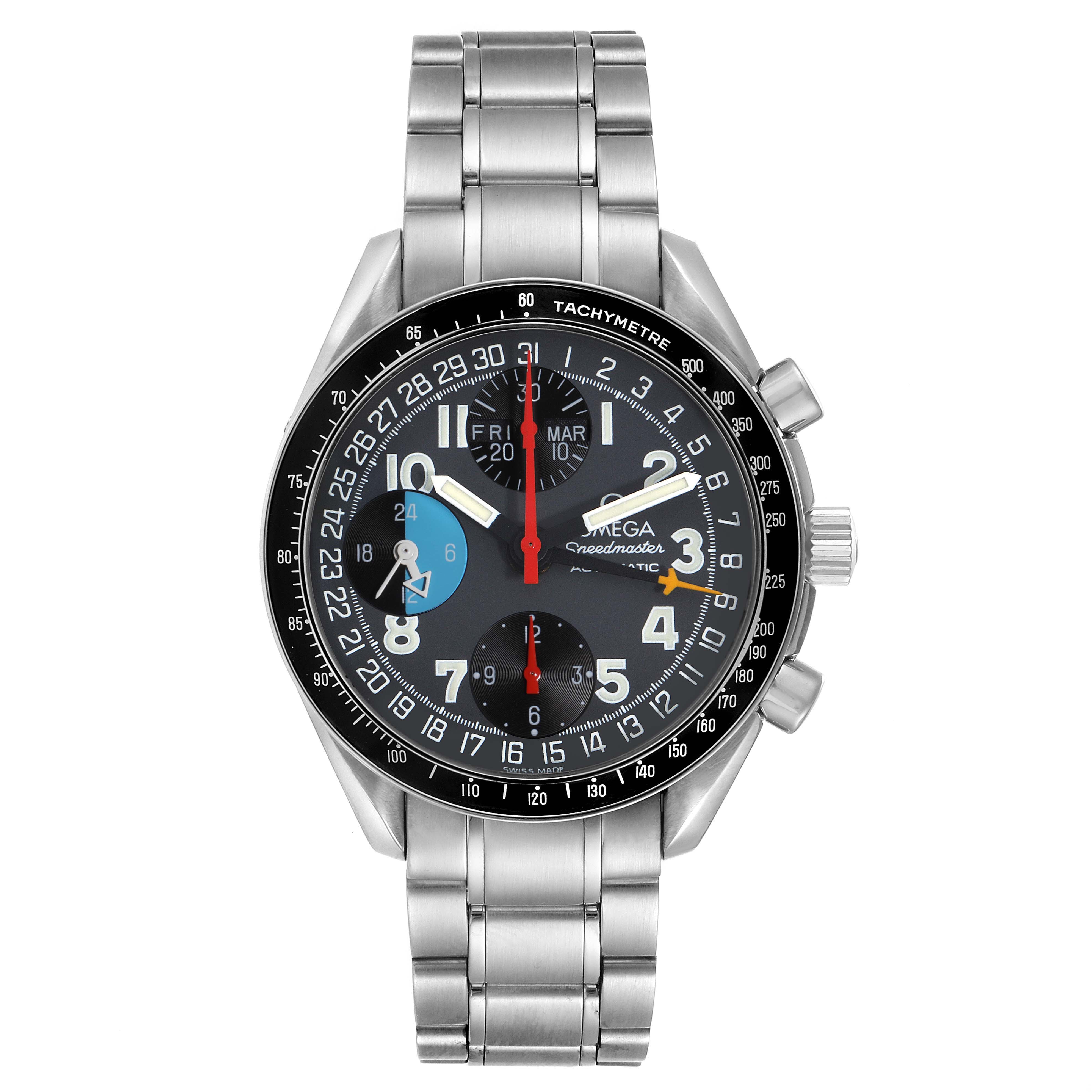 The Omega Speedmaster 3520.53.00 Men
s Stainless Steel Grey Dial 3520.53.00 Men
s Stainless Steel Grey Dial watch is shown from a front angle, displaying the entire face, bezel, and metal bracelet.