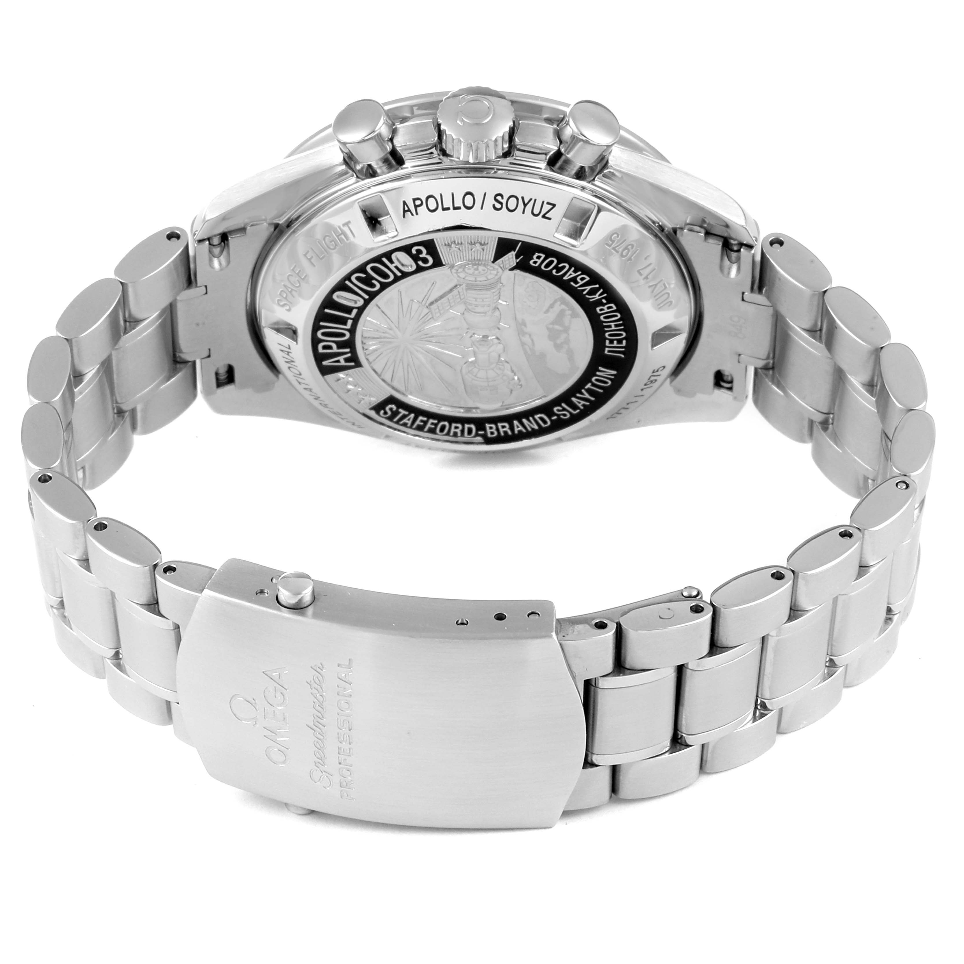 The image shows the back of an Omega Speedmaster 311.30.42.30.99.001 Men
s Stainless Steel Silver Dial 311.30.42.30.99.001 Men
s Stainless Steel Silver Dial watch, highlighting the bracelet and case back.