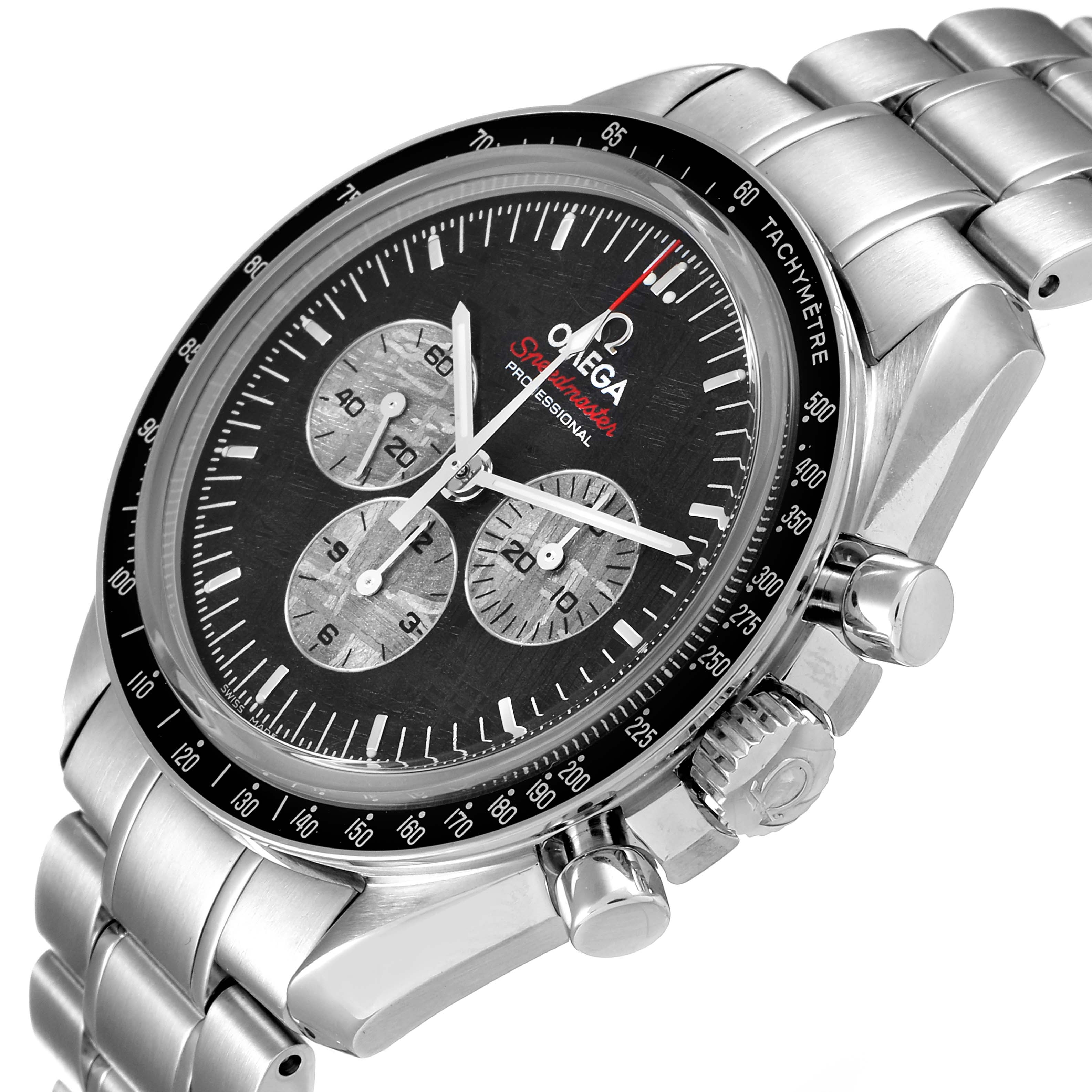 The Omega Speedmaster 311.30.42.30.99.001 Men
s Stainless Steel Silver Dial 311.30.42.30.99.001 Men
s Stainless Steel Silver Dial watch is shown from a three-quarter angle, displaying its dial, bezel, and bracelet.