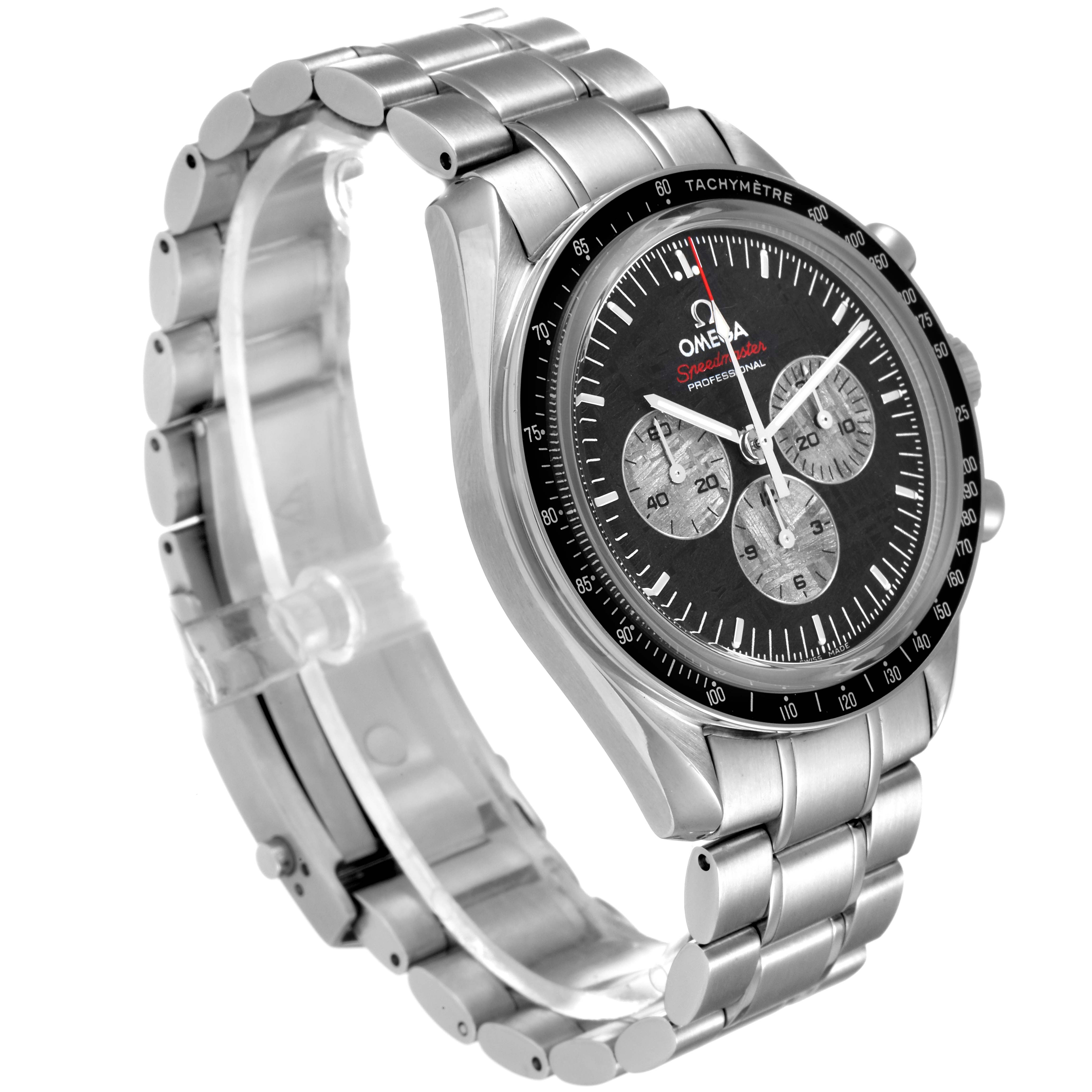 The Omega Speedmaster 311.30.42.30.99.001 Men
s Stainless Steel Silver Dial 311.30.42.30.99.001 Men
s Stainless Steel Silver Dial watch is shown at a side angle, displaying the face, bezel, and stainless steel bracelet.