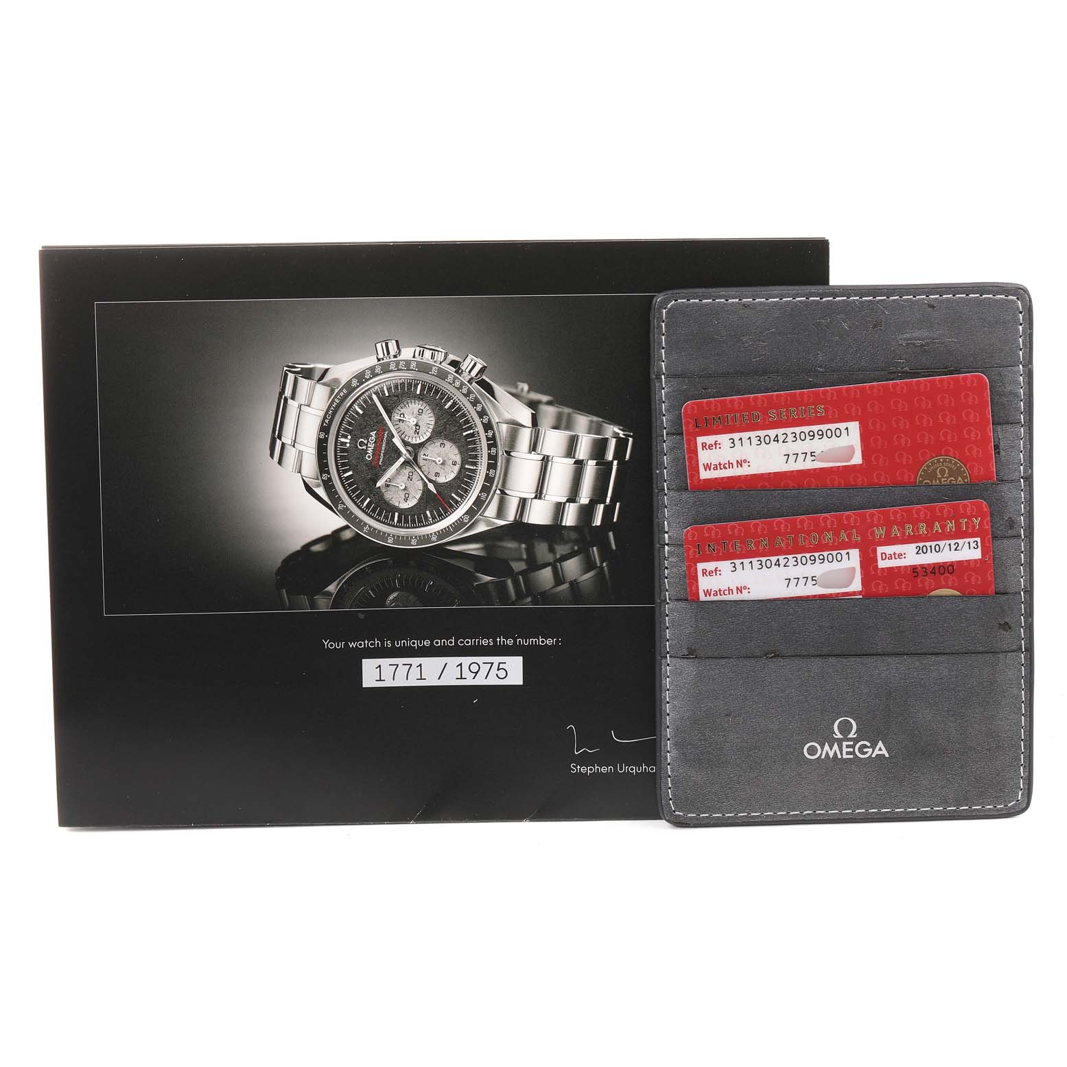 The image shows the Omega Speedmaster 311.30.42.30.99.001 Men
s Stainless Steel Silver Dial 311.30.42.30.99.001 Men
s Stainless Steel Silver Dial watch manual and warranty cards in a grey Omega cardholder.