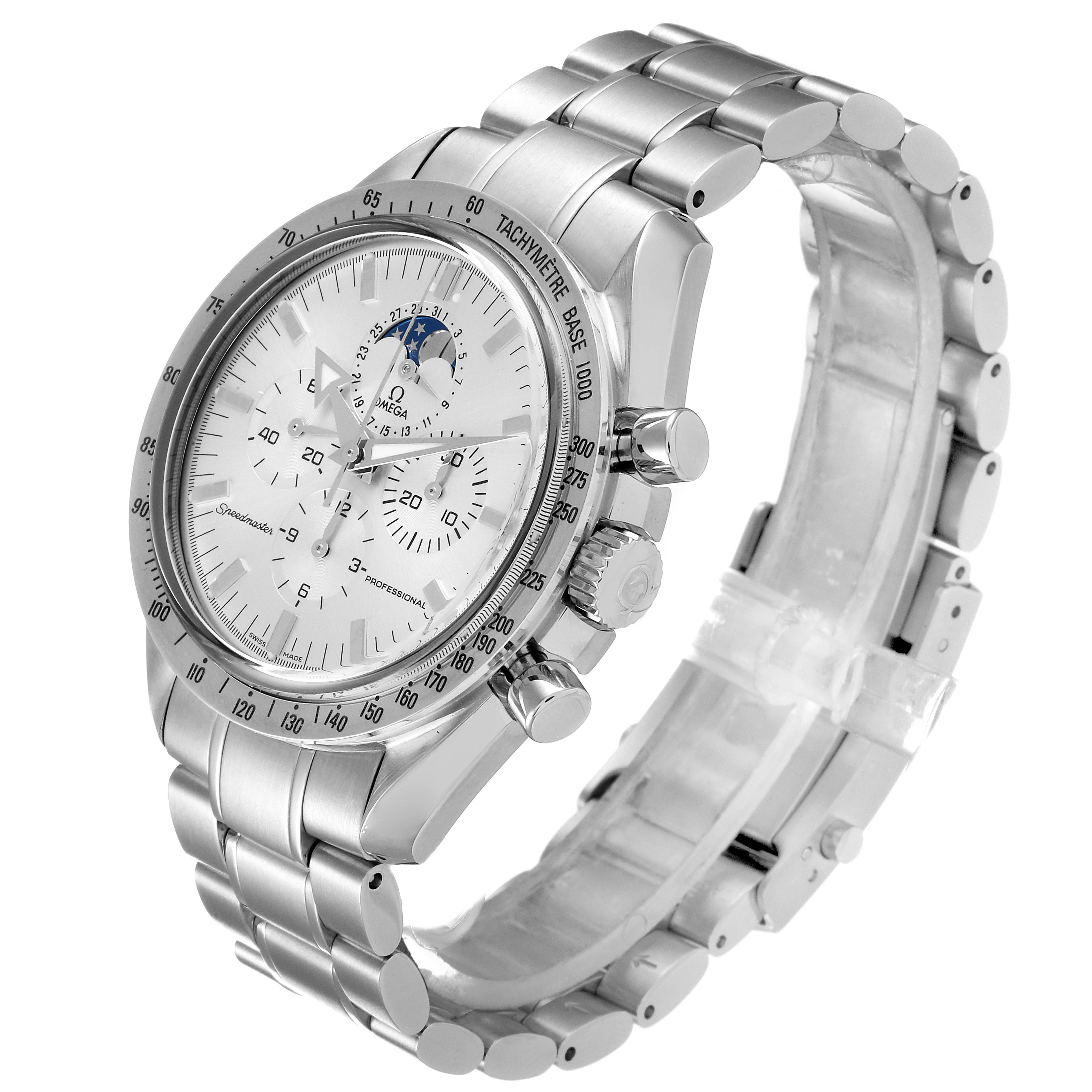 The image shows an angled side view of the Omega Speedmaster 3575.30.00 Men
s Stainless Steel Silver Dial 3575.30.00 Men
s Stainless Steel Silver Dial watch, highlighting the dial, bracelet, and pushers.