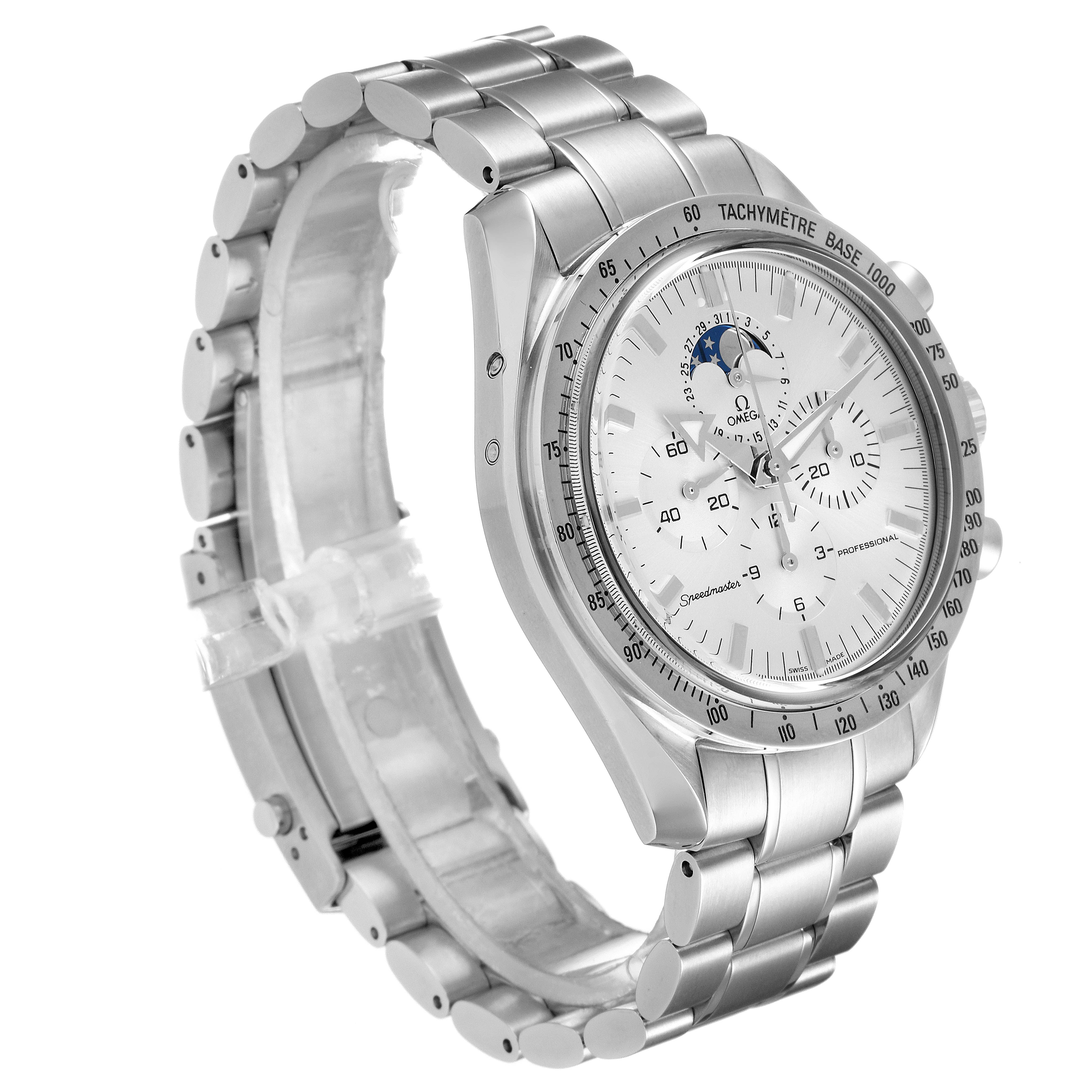 The image shows a close-up, angled side view of an Omega Speedmaster 3575.30.00 Men
s Stainless Steel Silver Dial 3575.30.00 Men
s Stainless Steel Silver Dial watch, highlighting its bracelet and dial features.