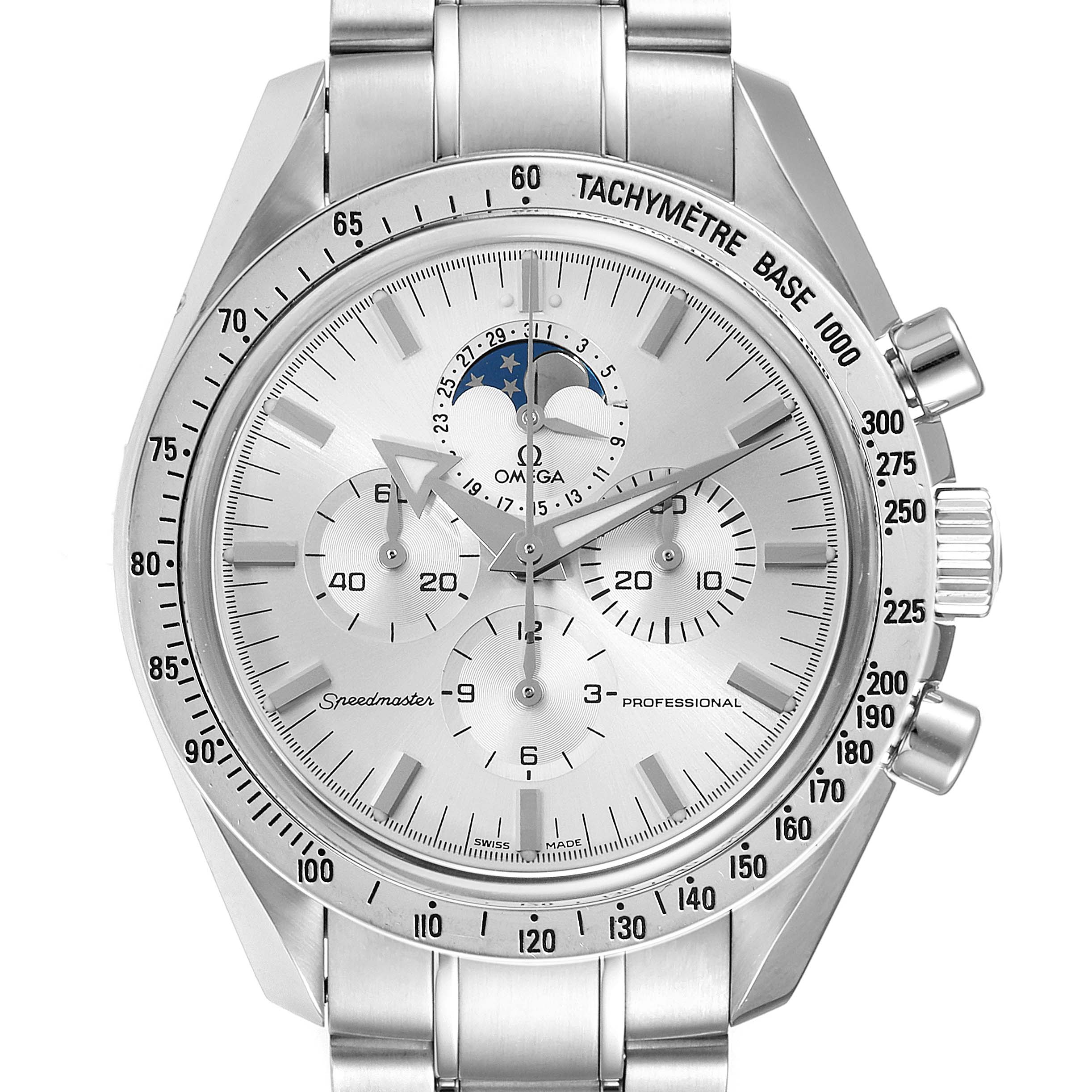 This is an Omega Speedmaster 3575.30.00 Men
s Stainless Steel Silver Dial 3575.30.00 Men
s Stainless Steel Silver Dial watch shown from the front, featuring a tachymeter bezel, subdials, and a moon phase indicator.